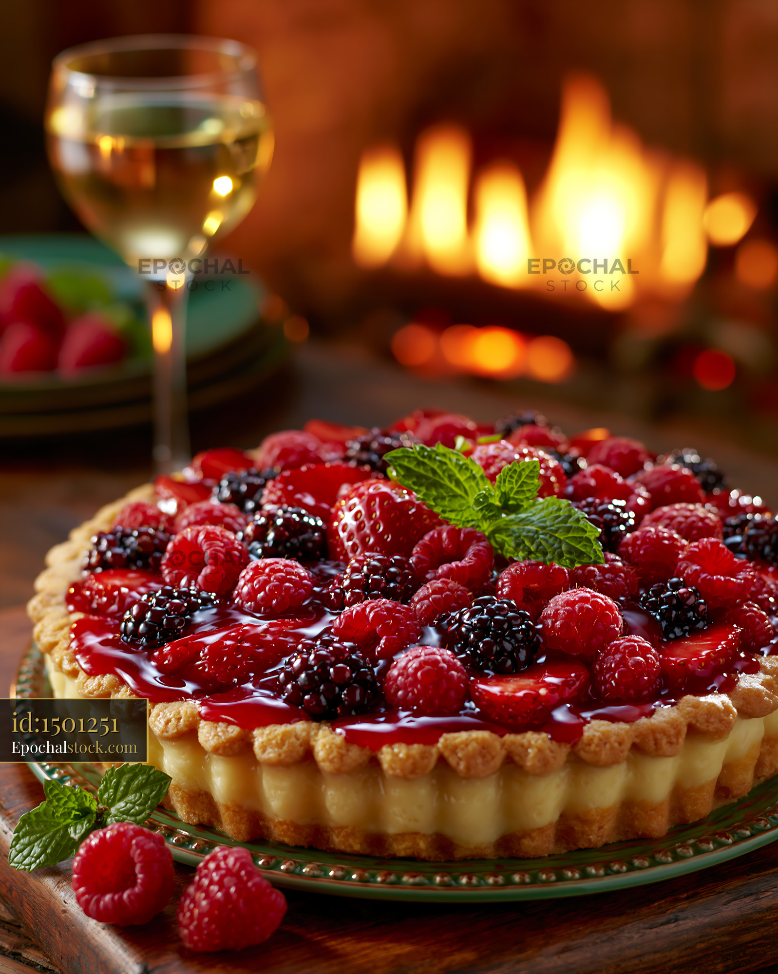 Watermarked full-resolution preview of A round fruit tart is placed on a wooden table