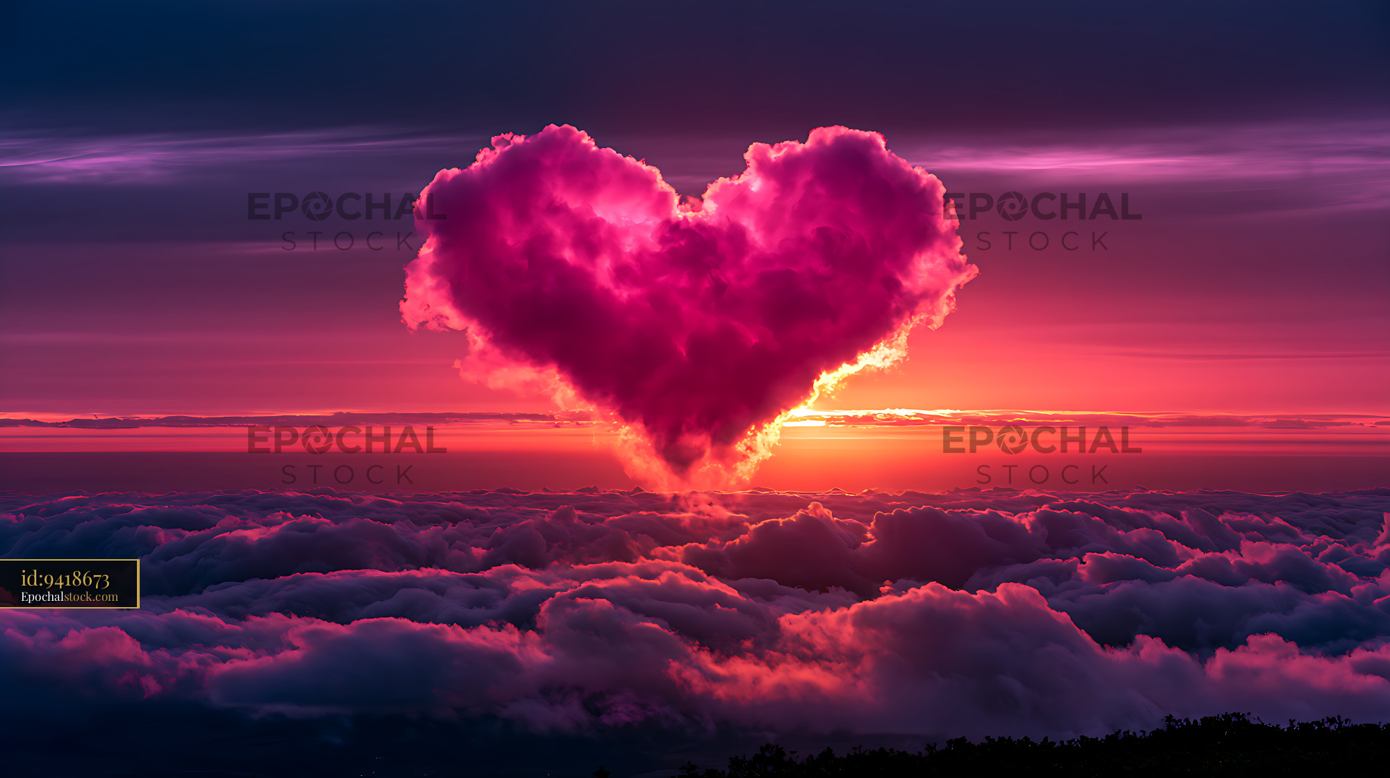 Watermarked full-resolution preview of Vivid heart-shaped cloud over glowing sunset clouds