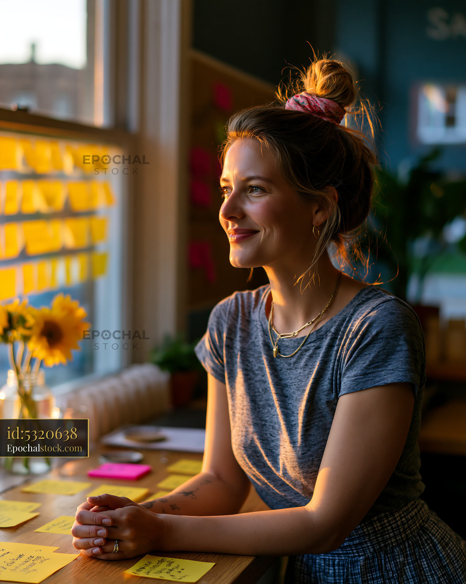 Watermarked full-resolution preview of Woman standing by window with sticky notes and sunflowers