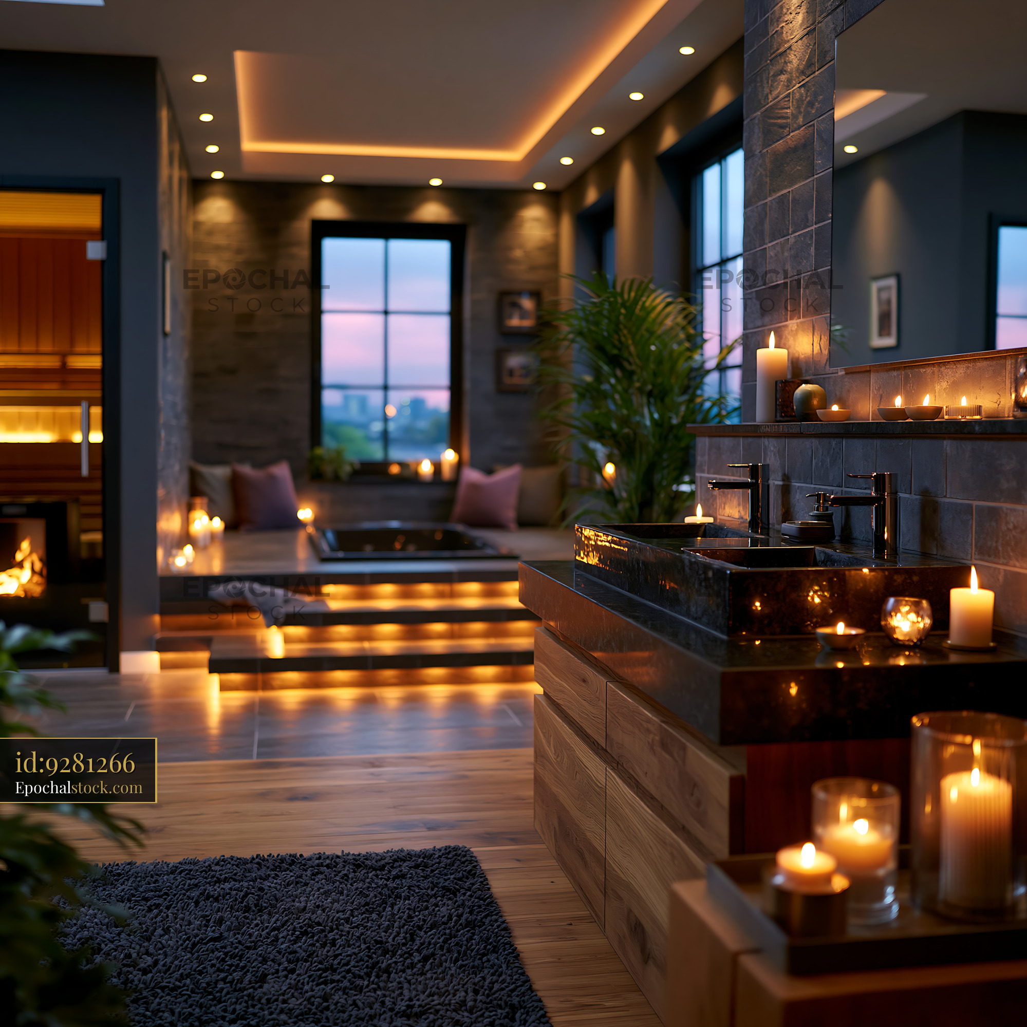 Watermarked full-resolution preview of Modern bathroom with candles and soft lighting at sunset