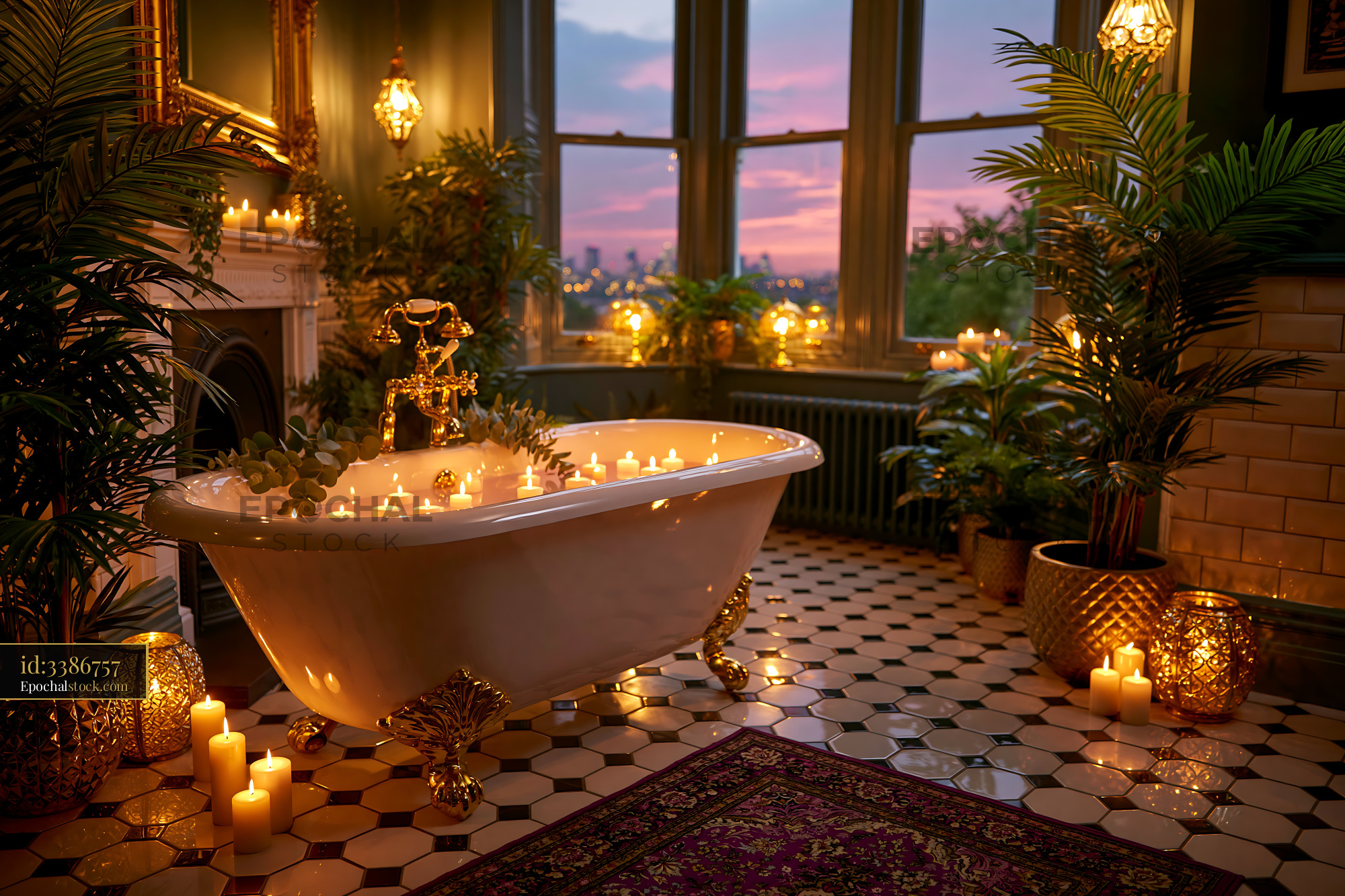 Luxury Bathroom With Clawfoot Tub and Candles in Evening Light - stock photo