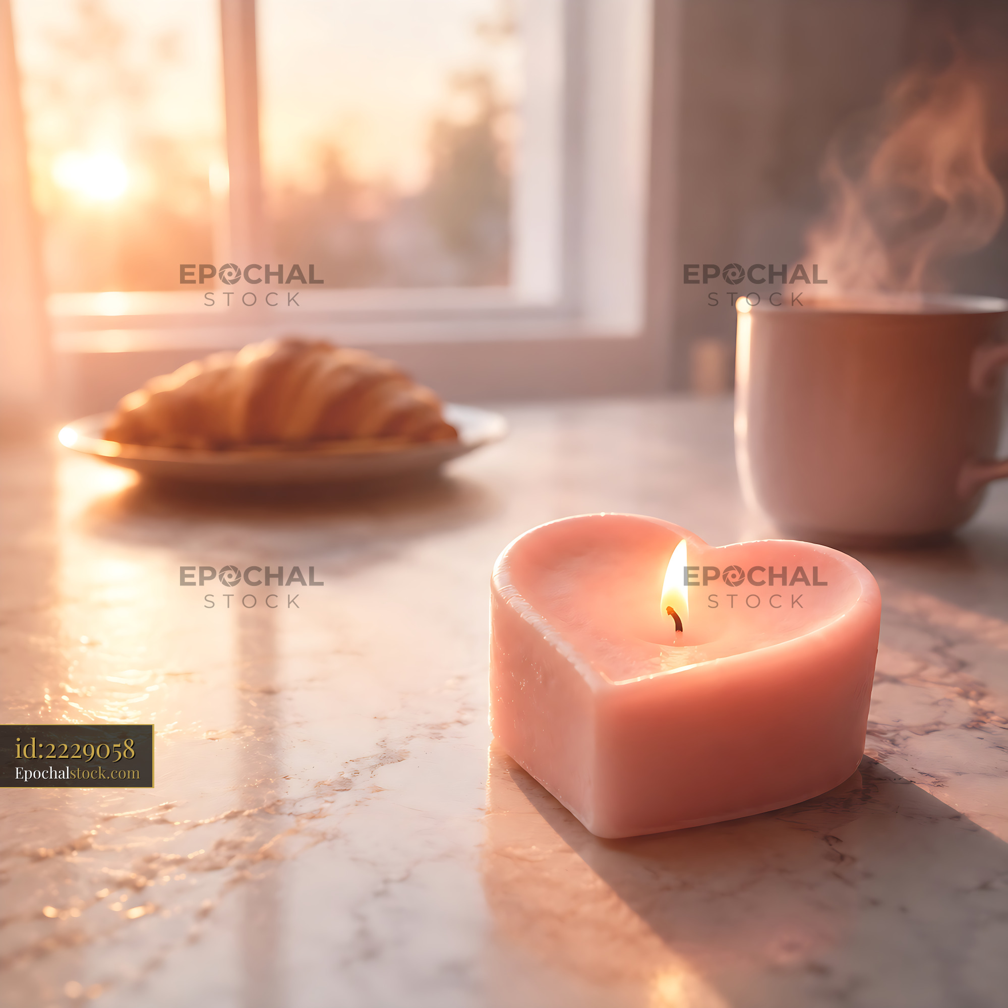 Watermarked full-resolution preview of Heart-shaped candle near breakfast items with sunlight