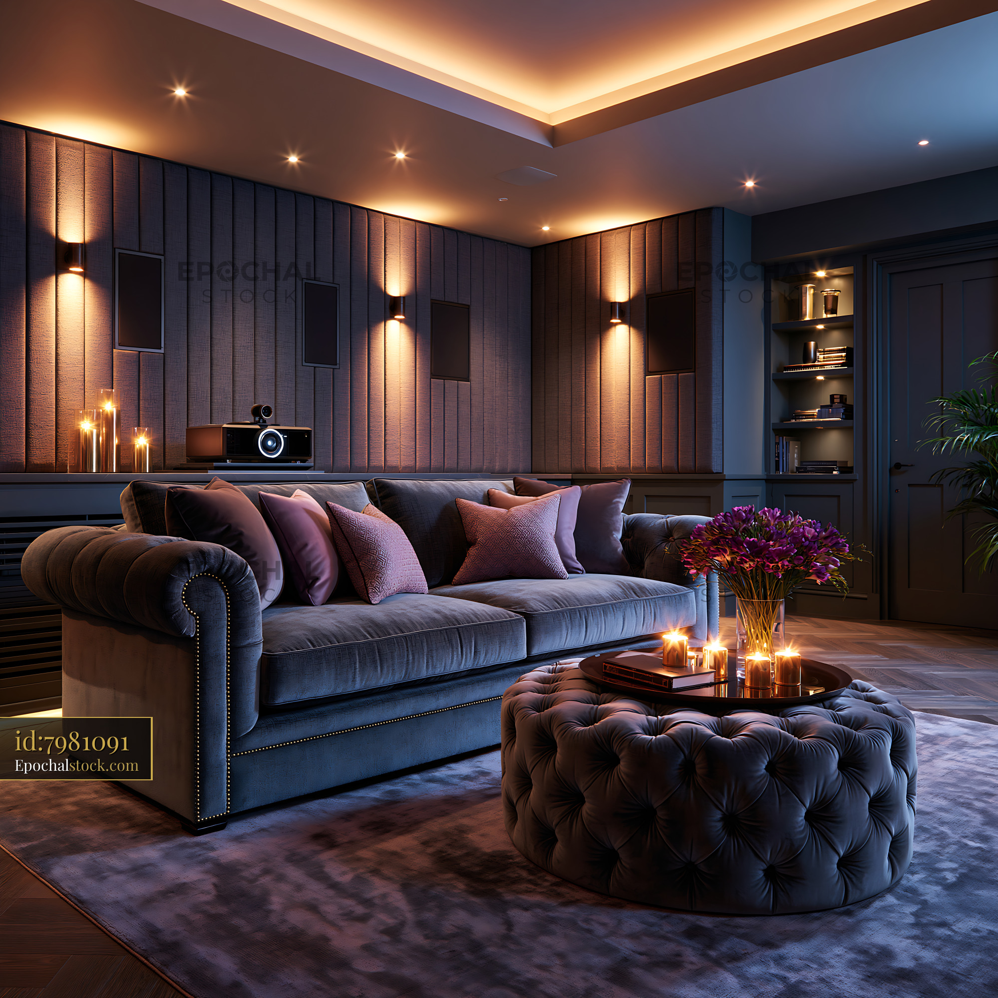 Watermarked full-resolution preview of Cozy living room with modern decor and warm lighting