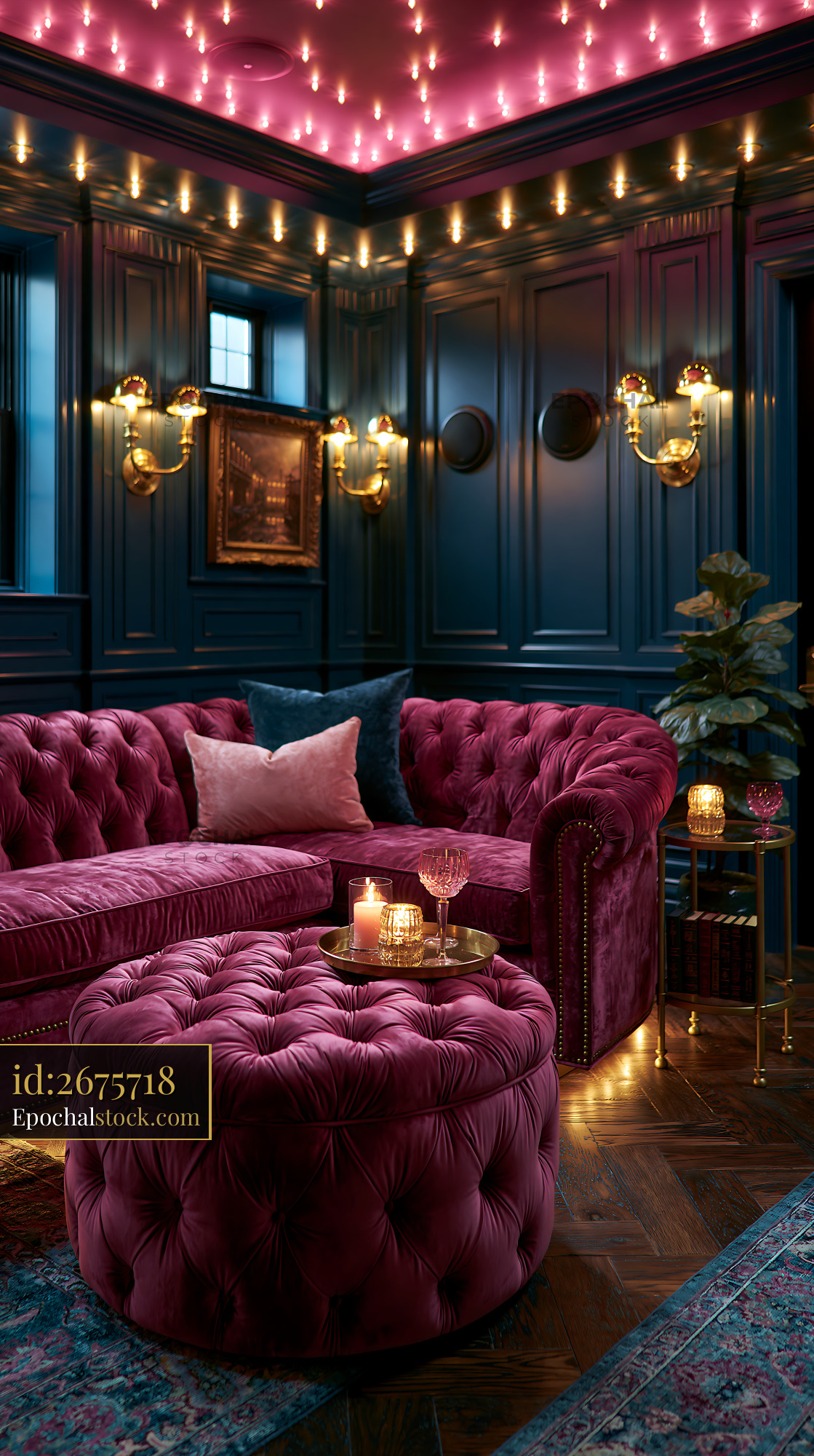 Watermarked full-resolution preview of Cozy living room with vintage decor and warm lighting