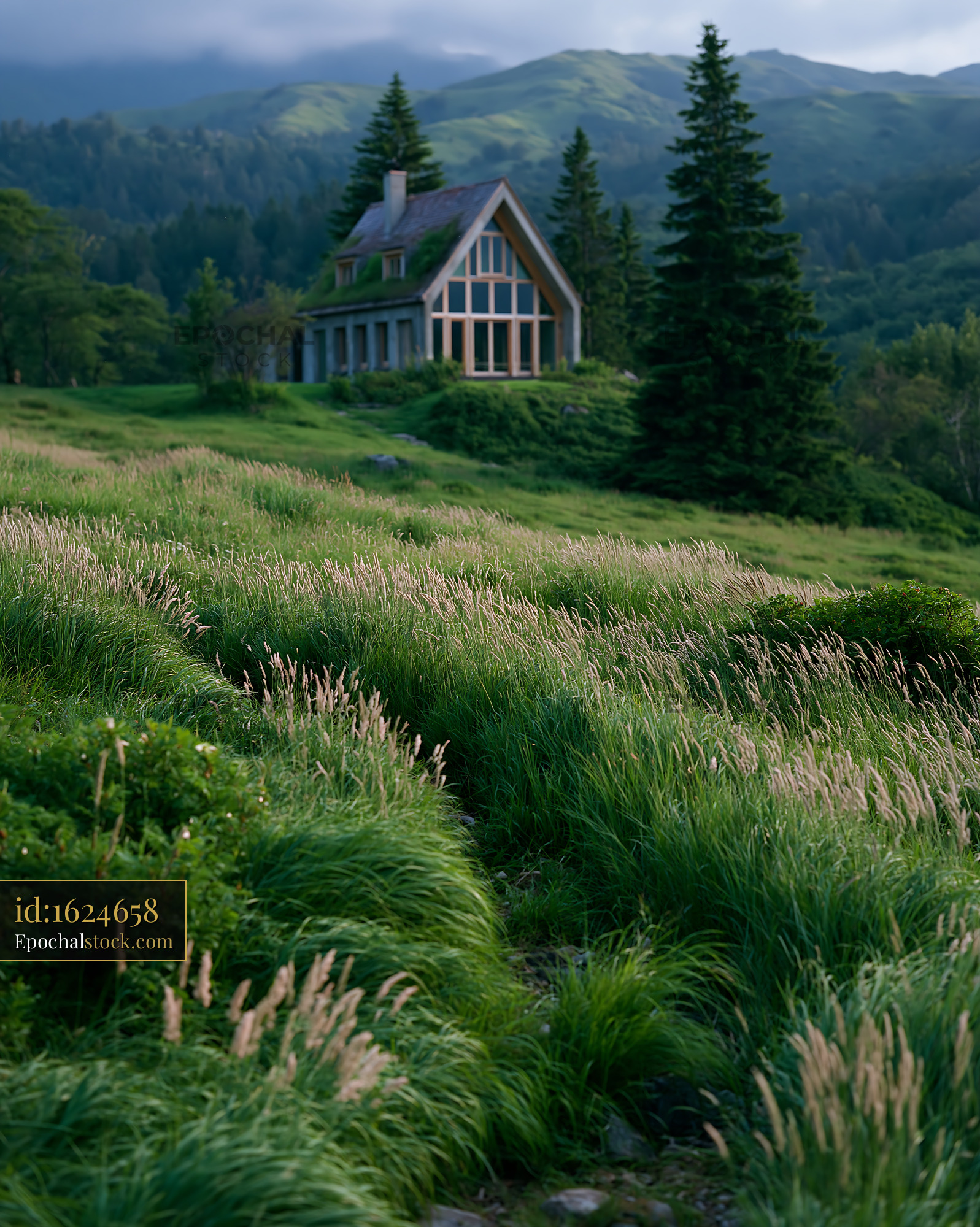 Watermarked full-resolution preview of Green meadow with a house surrounded by trees and mountains