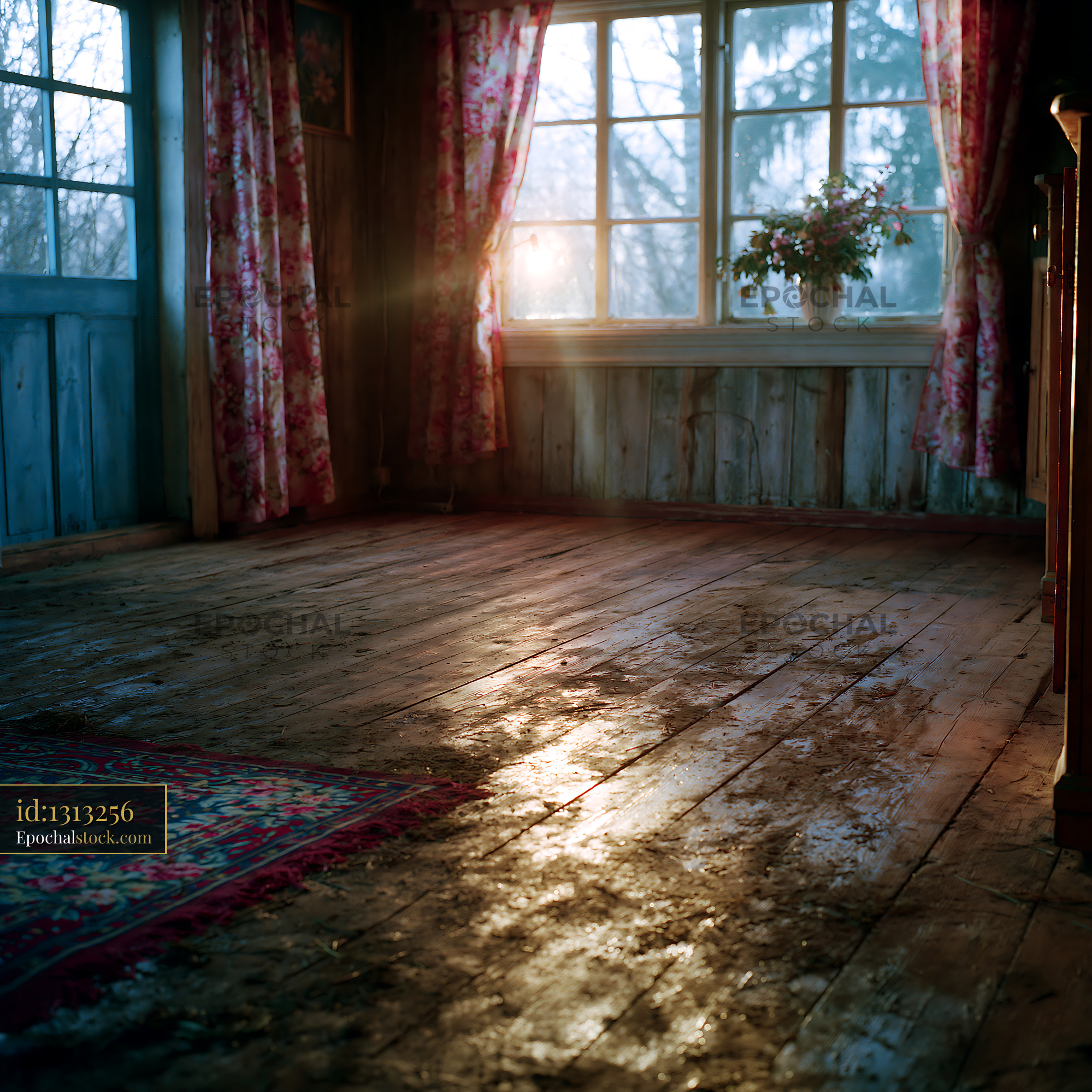 Watermarked full-resolution preview of Sunlight streaming through a rustic room with wooden floor