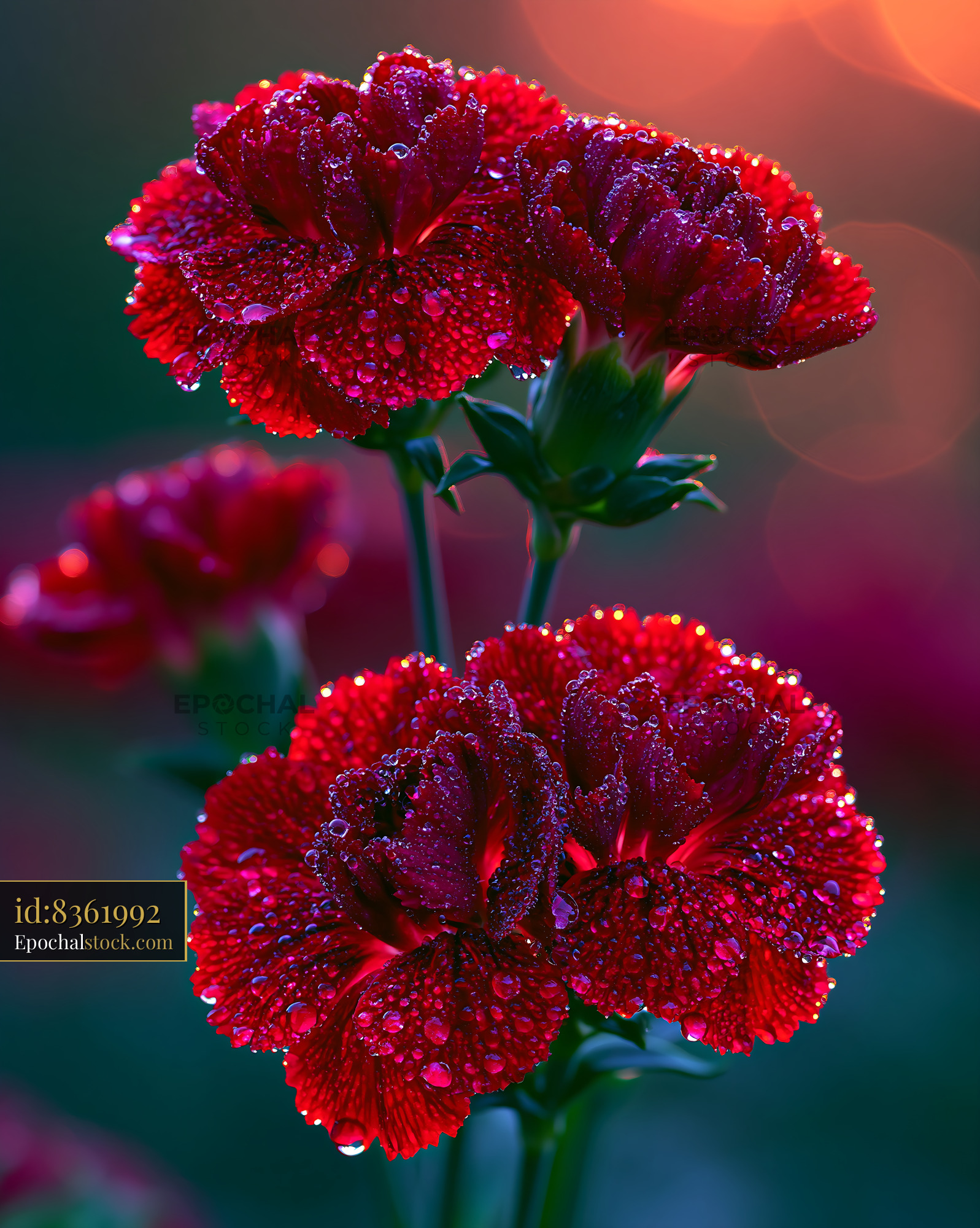 Red Flowers With Water Droplets Glowing in Evening Light - stock photo