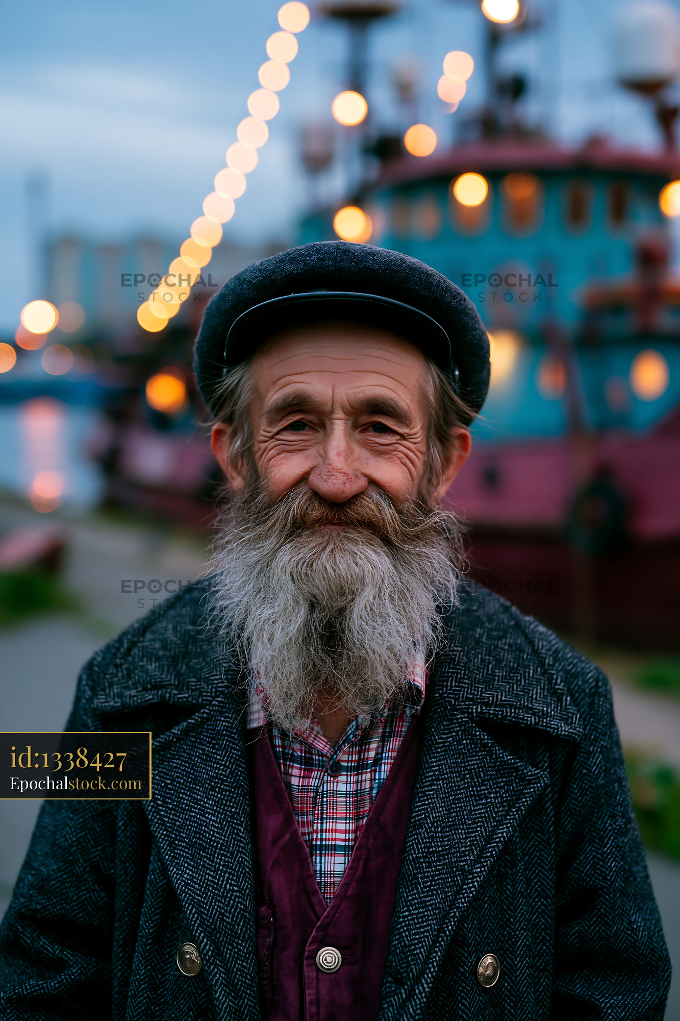Watermarked full-resolution preview of Man with beard standing by boats at port during twilight