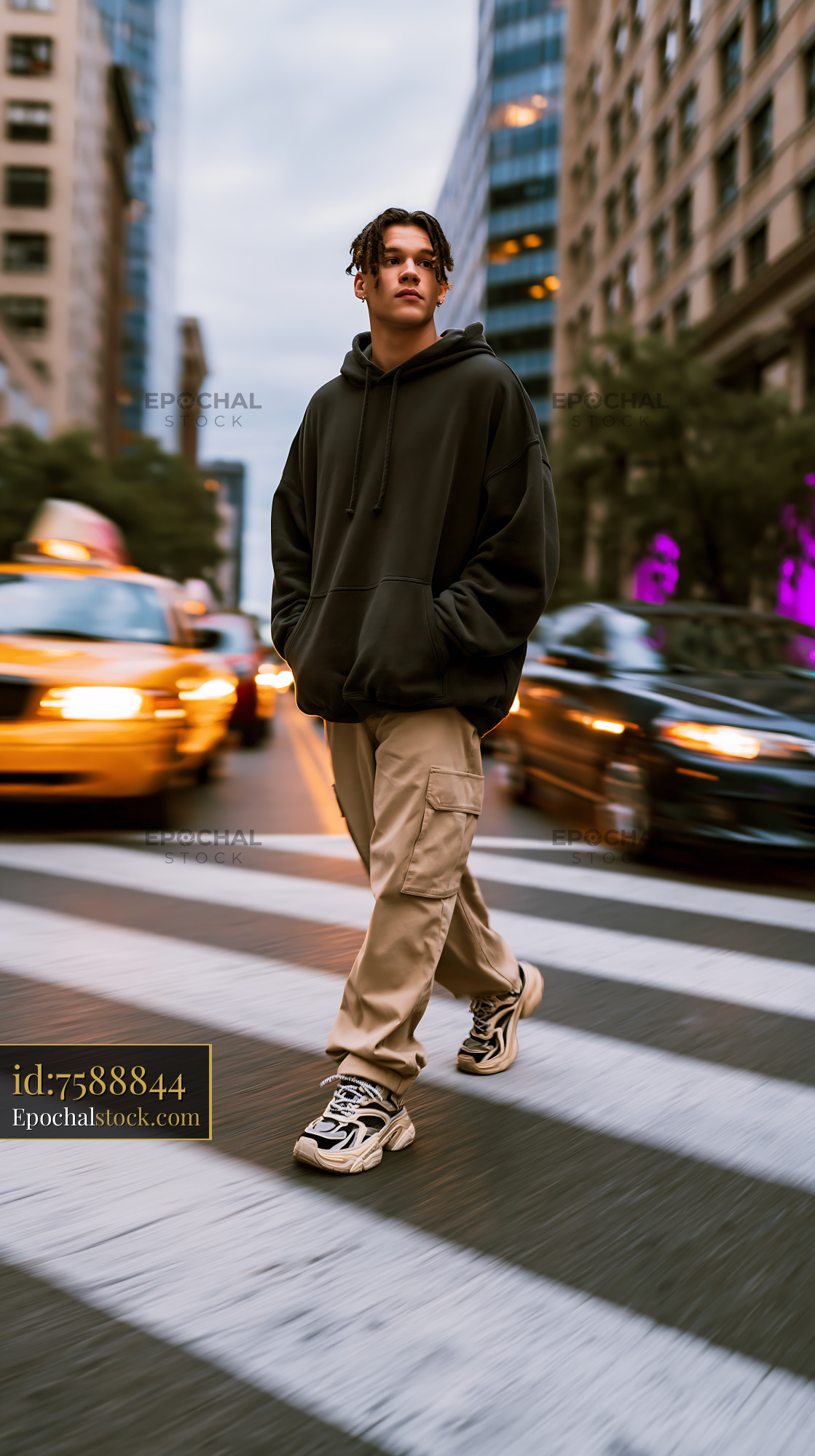 Watermarked full-resolution preview of Young man crossing street in urban area during cloudy day