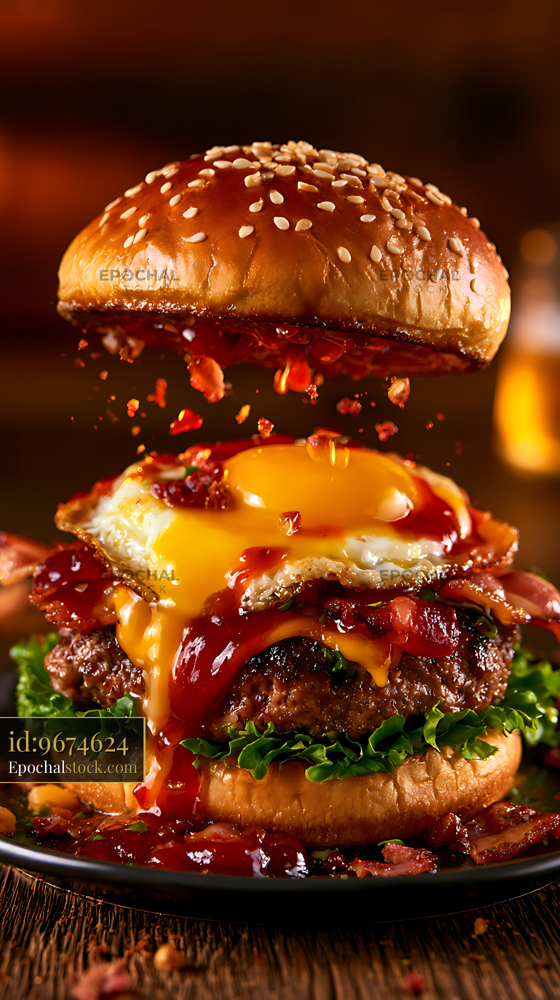 Watermarked full-resolution preview of Loaded cheeseburger with bacon, egg, and dripping cheese