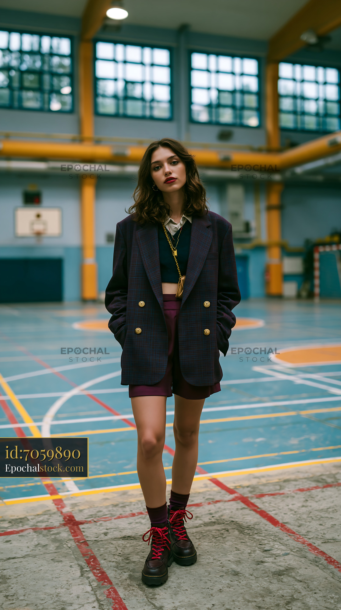 Woman in Oversized Blazer and Bike Shorts on Court - stock photo