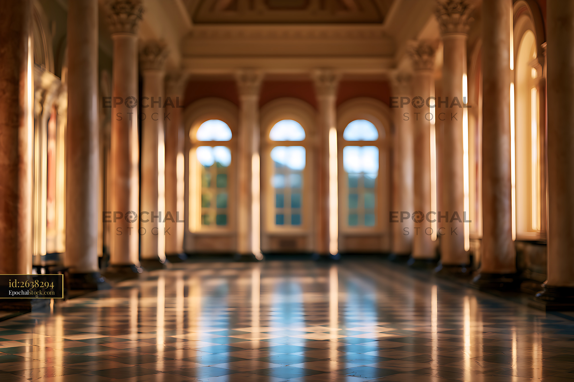 Watermarked full-resolution preview of Empty classical interior illuminated by arched windows