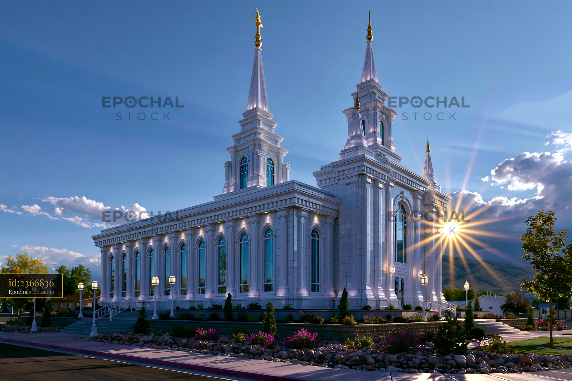 Watermarked full-resolution preview of Sunrise over a large building with spires and detailed architecture