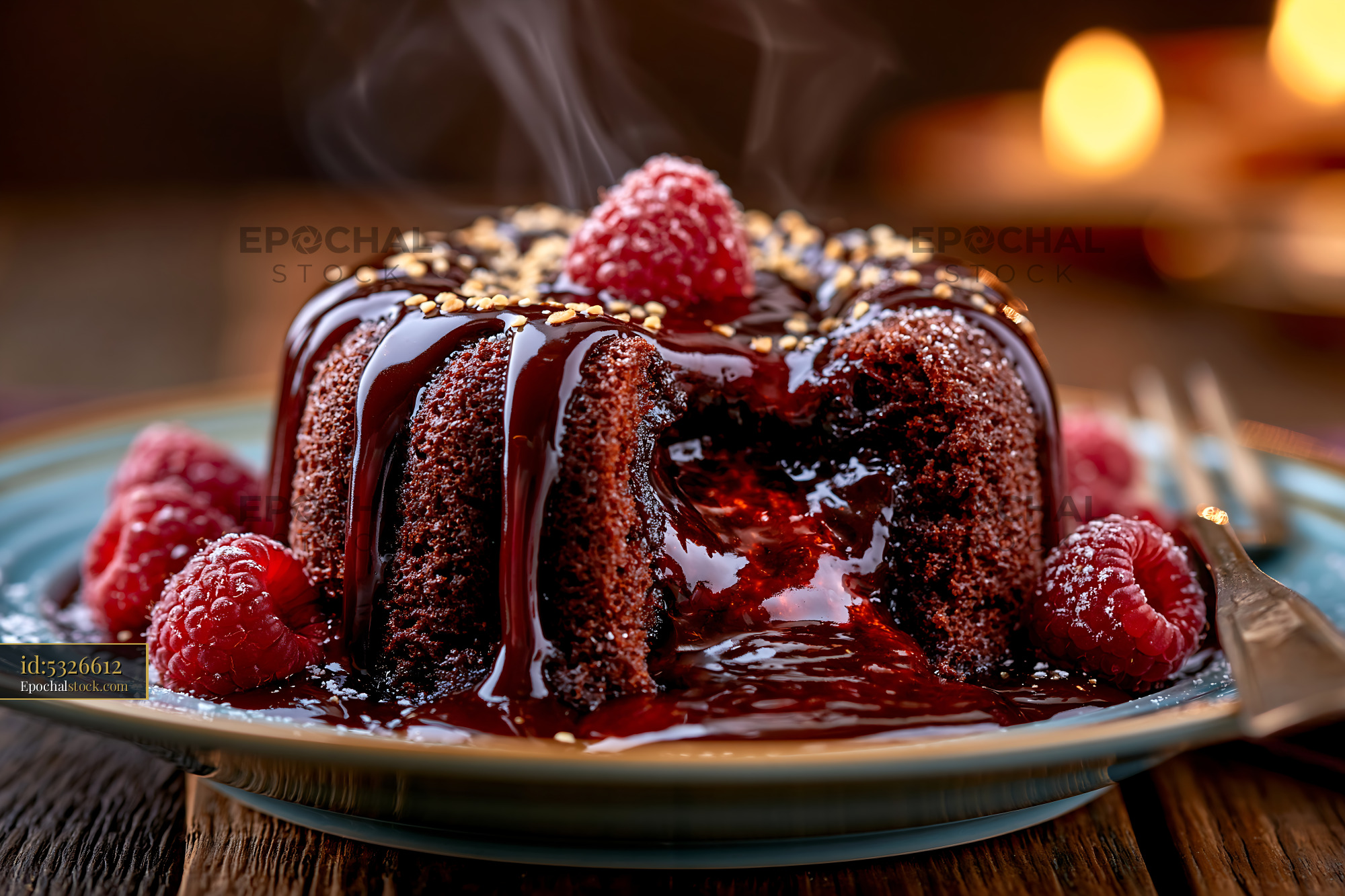 Watermarked full-resolution preview of Chocolate dessert with raspberry and warm sauce on a plate