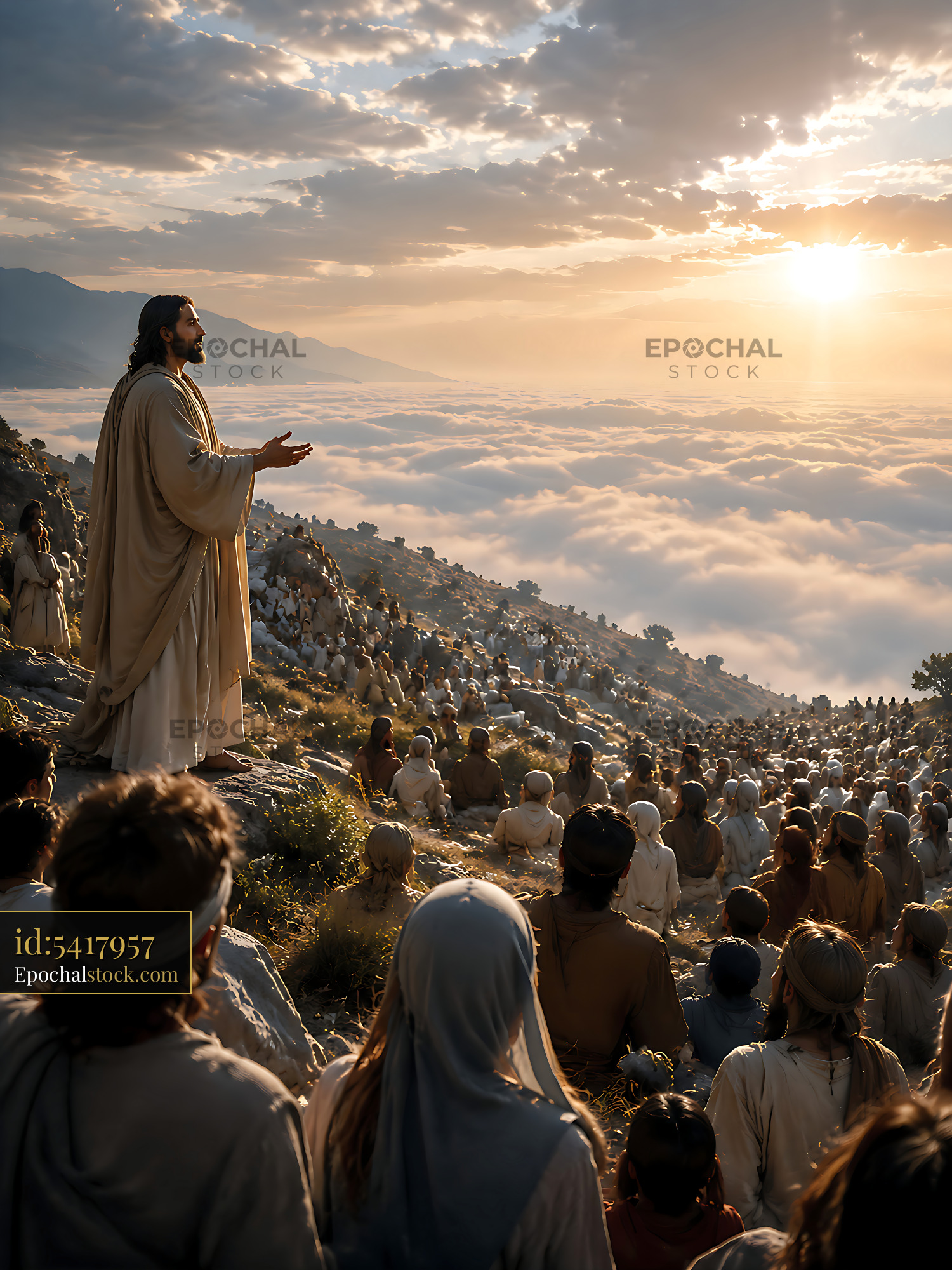 Watermarked full-resolution preview of Man teaching a large crowd on a mountain at sunrise