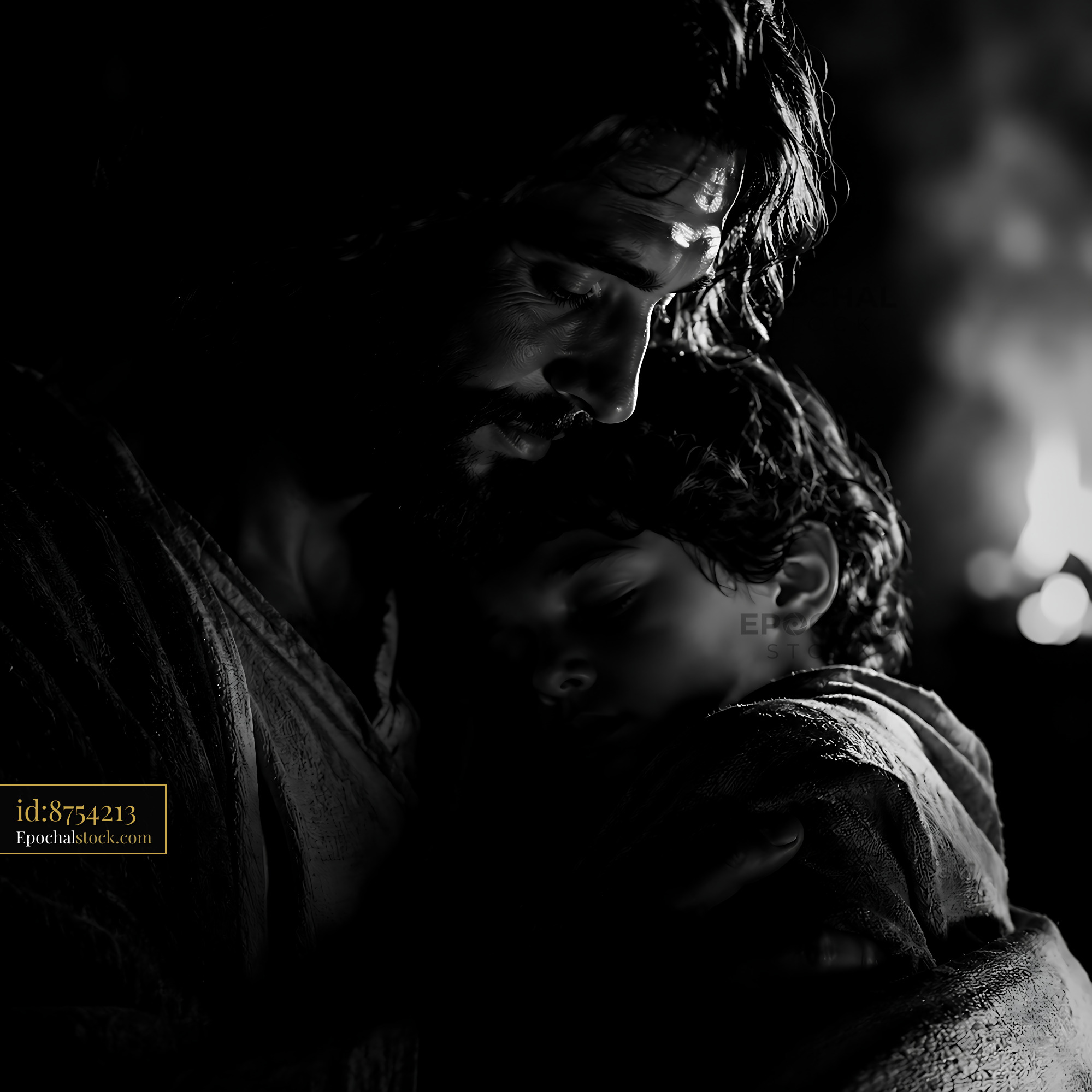 Watermarked full-resolution preview of Father and son share a moment of closeness in dim light