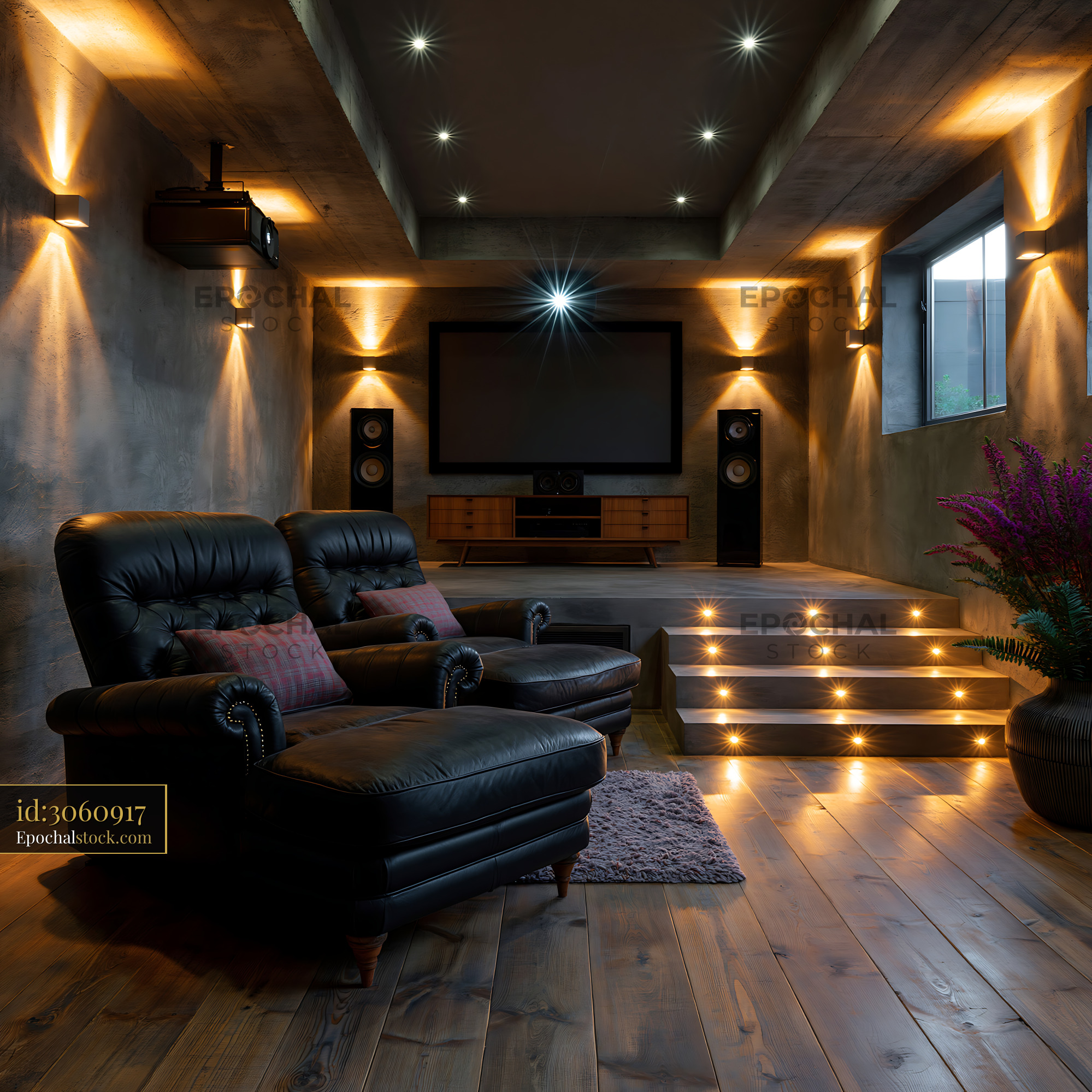 Watermarked full-resolution preview of Modern home theater interior with seating area and lighting