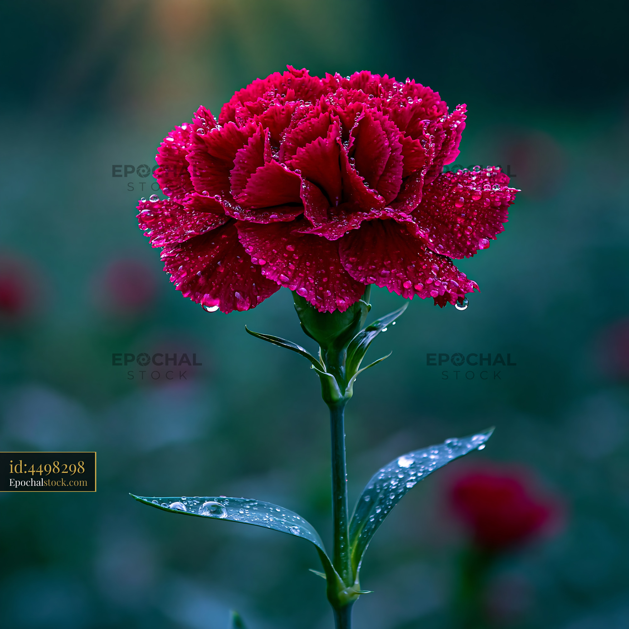 Watermarked full-resolution preview of Red carnation flower with water droplets in a garden