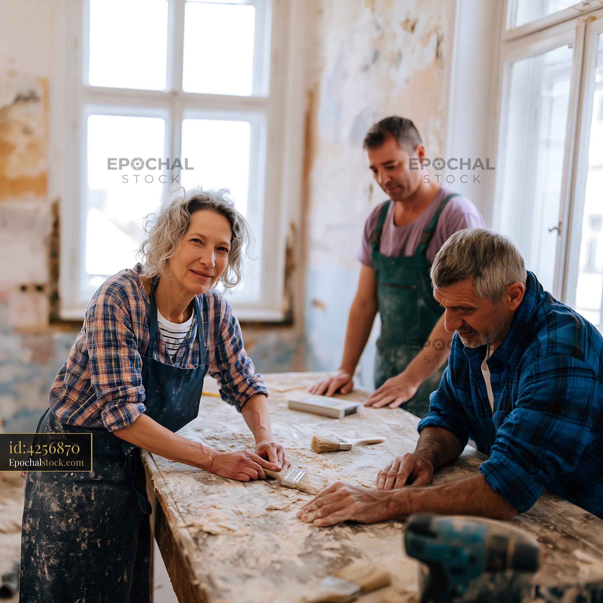 Watermarked full-resolution preview of Craft workers collaborating in a renovation project indoors