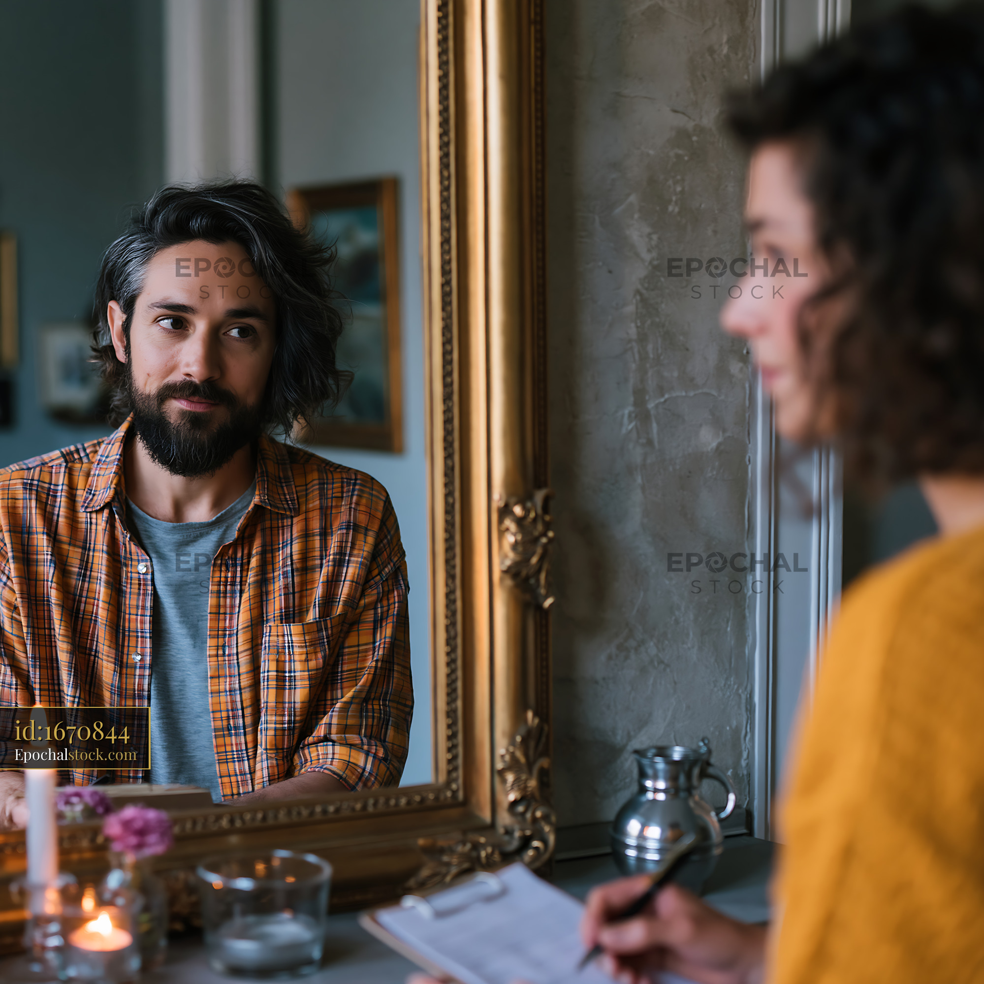 Watermarked full-resolution preview of Man and woman in conversation at home setting
