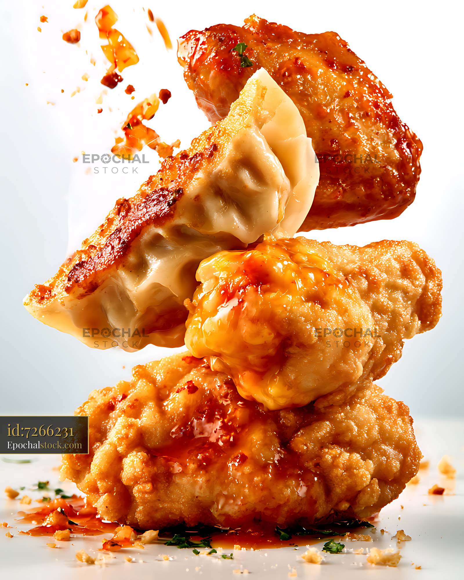 Watermarked full-resolution preview of Fried chicken and dumplings with sauce splatter in the kitchen
