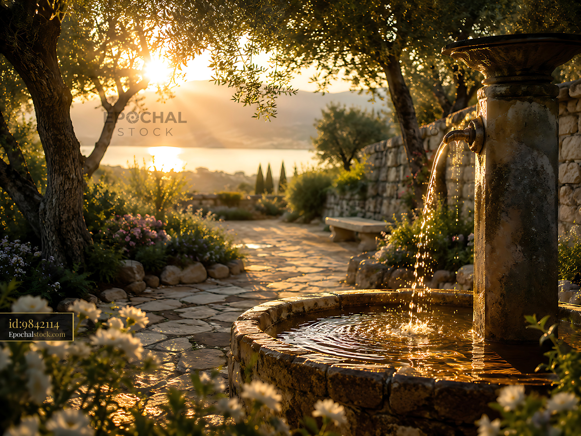 Watermarked full-resolution preview of Sunset over a garden with a fountain