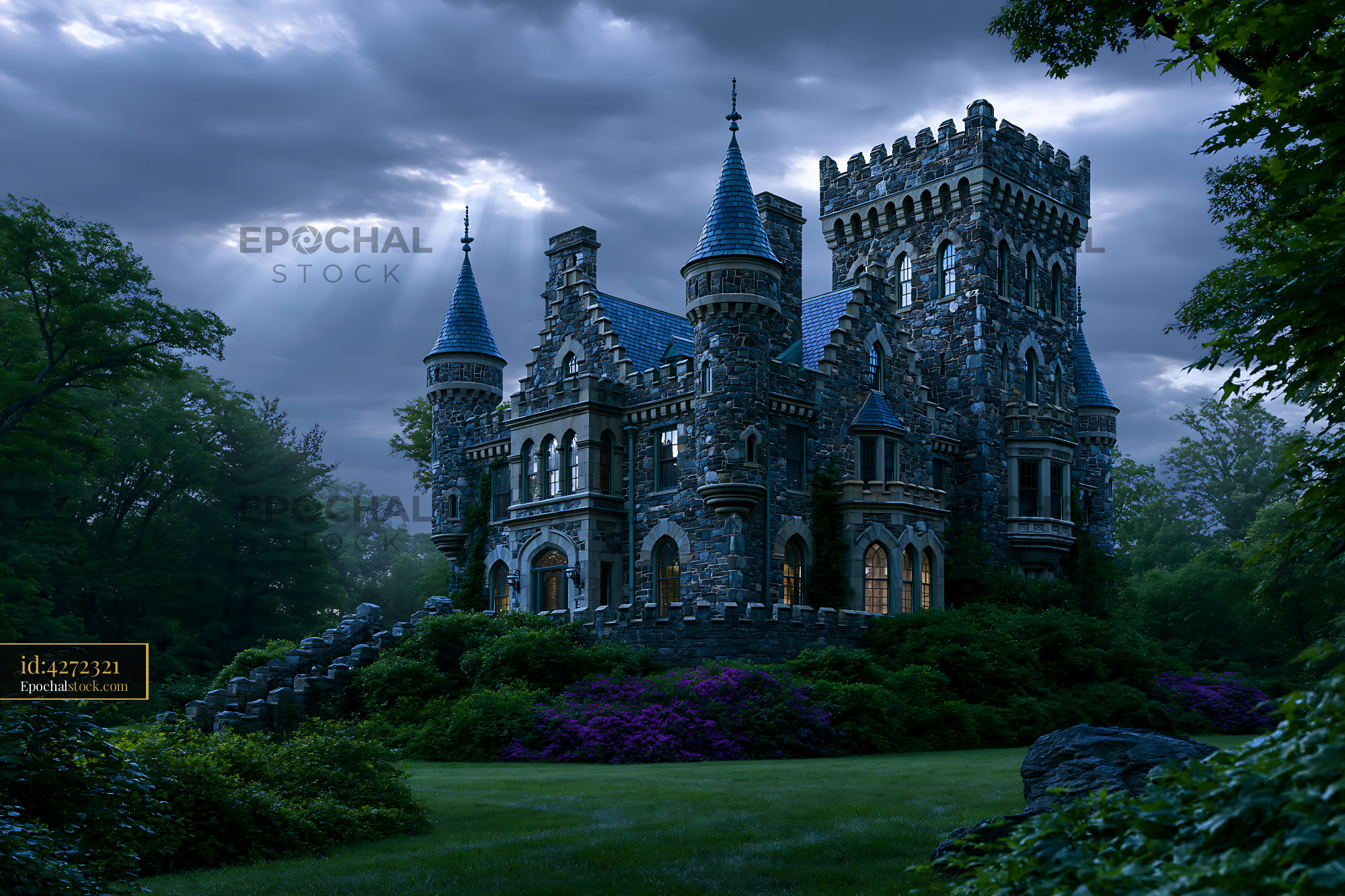Watermarked full-resolution preview of Majestic stone castle surrounded by trees and dark skies