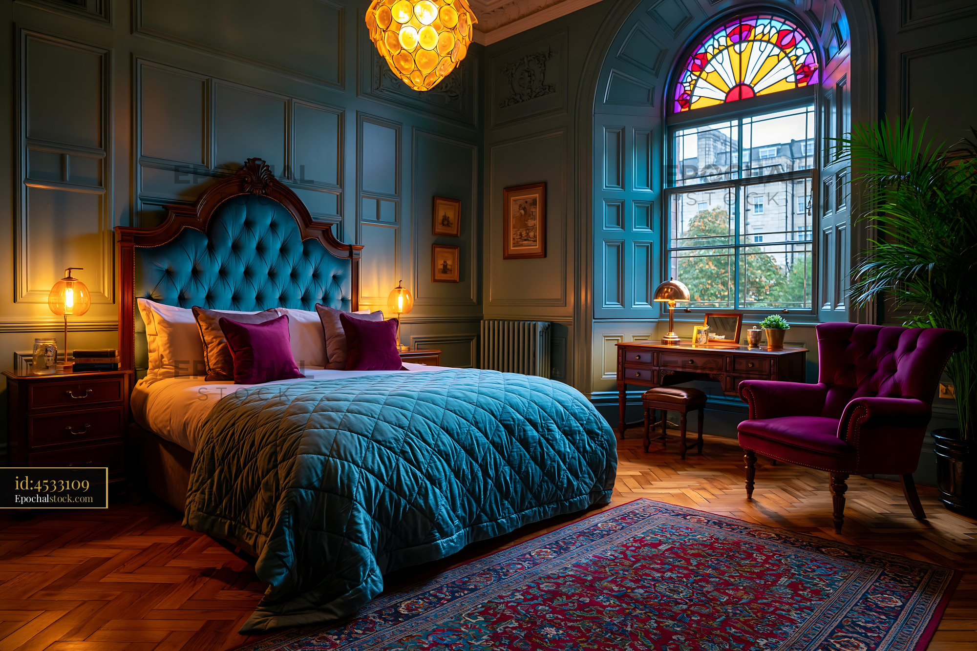 Watermarked full-resolution preview of Cozy bedroom with vintage decor and large window