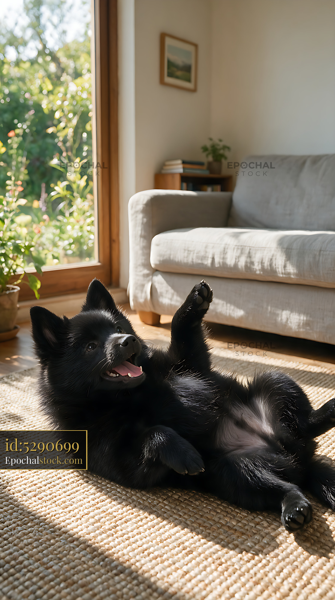 Watermarked full-resolution preview of Playful black puppy relaxing on a woven rug indoors