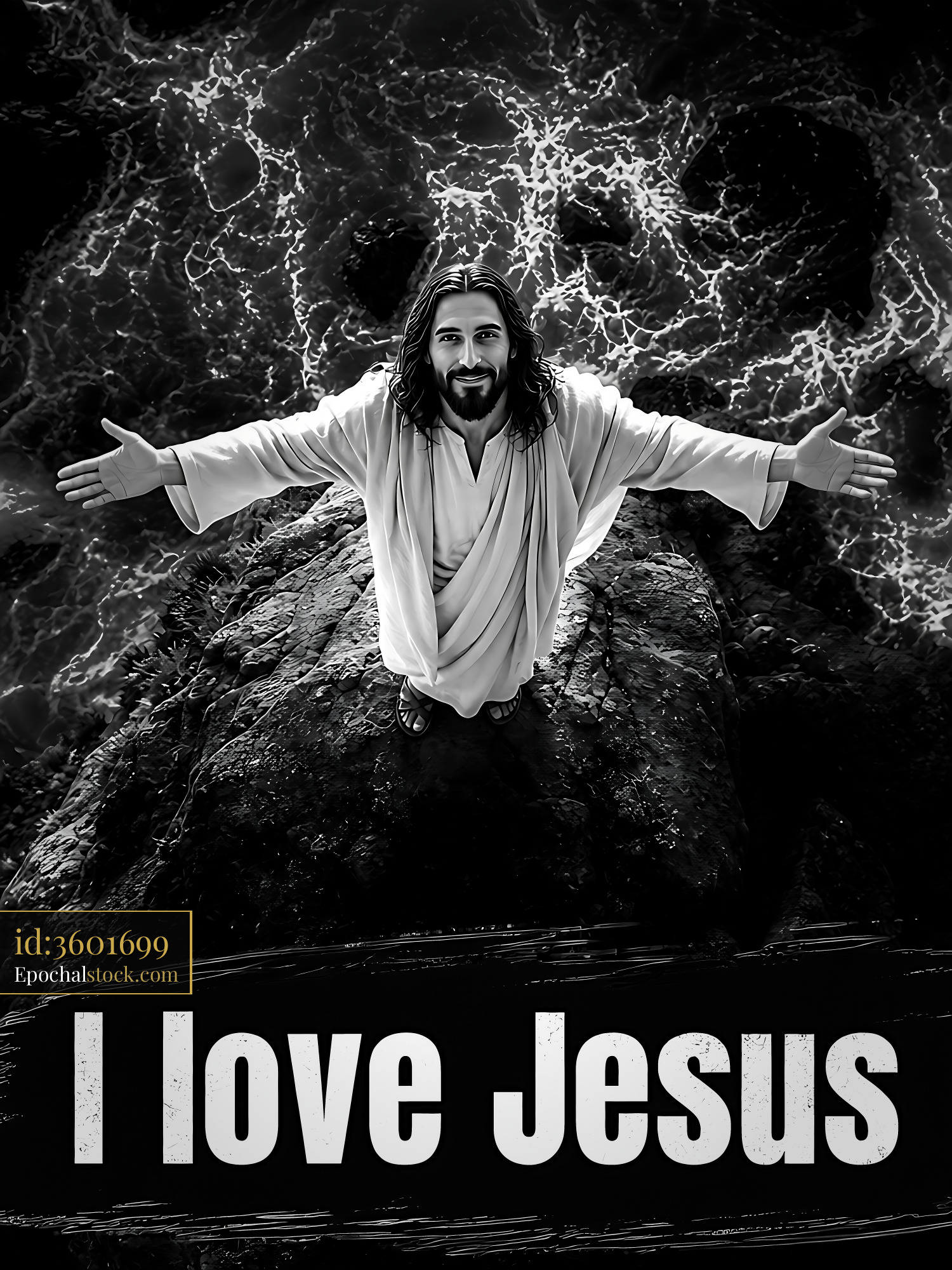 Watermarked full-resolution preview of Jesus with open arms standing on a rock