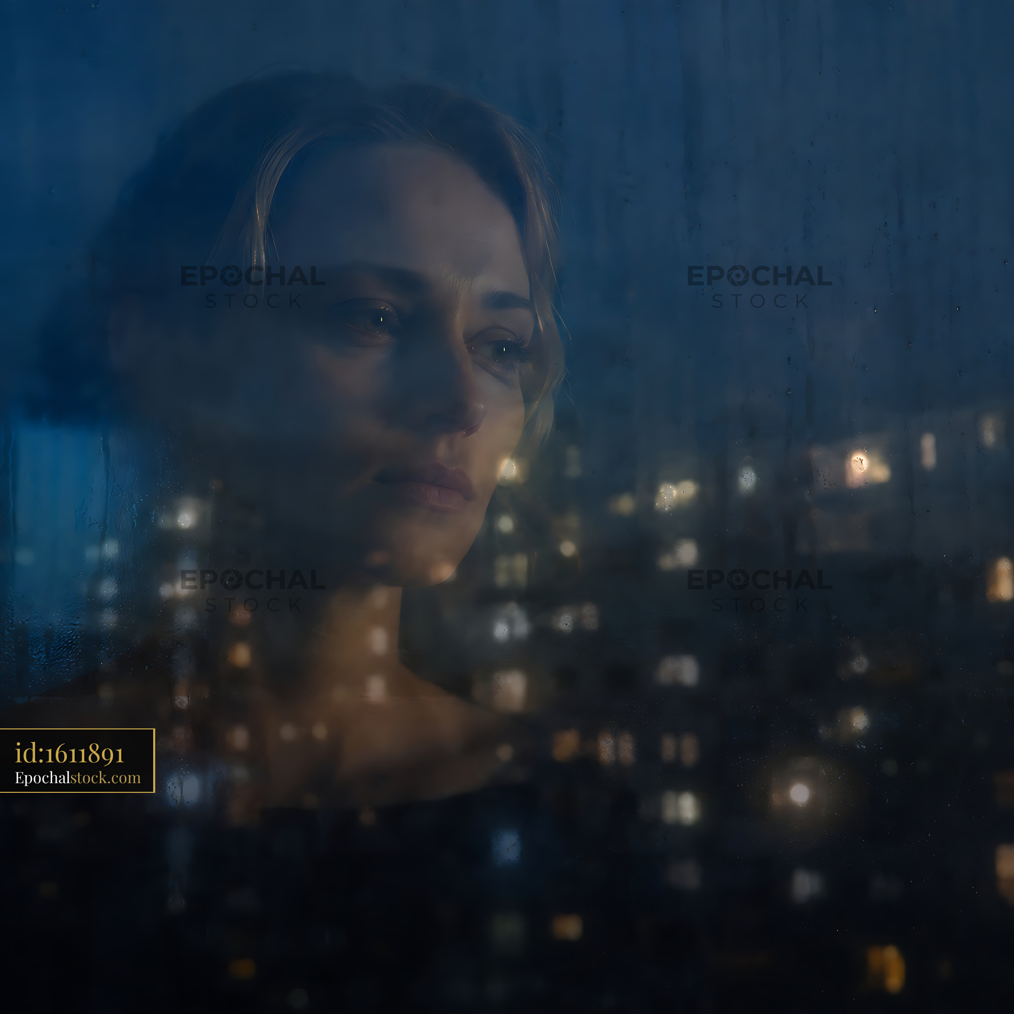 Woman Looking out the Window During a Rainy Night in the City - stock photo
