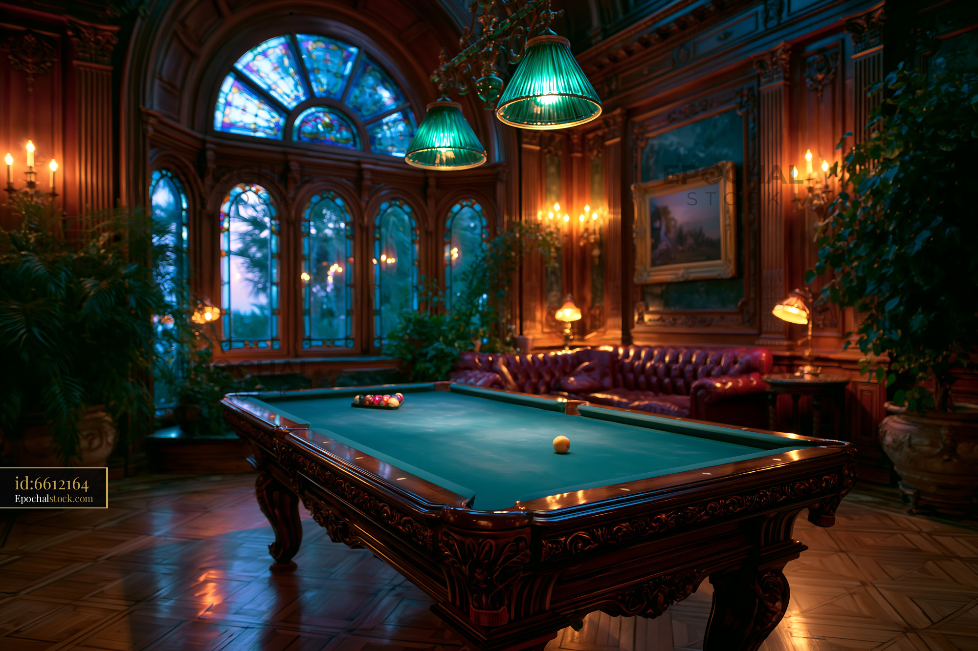 Watermarked full-resolution preview of Elegant indoor space with a billiard table and vintage decor