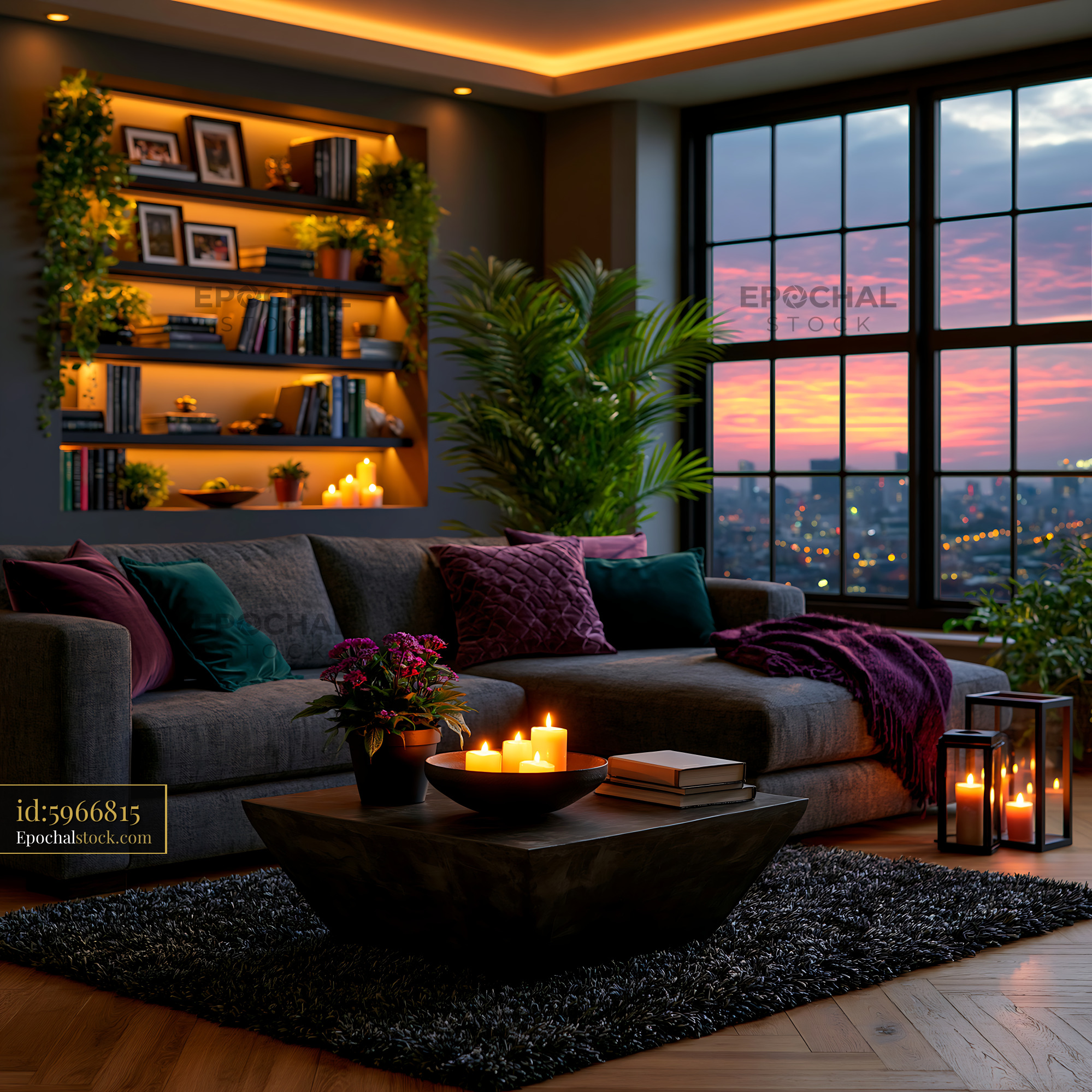 Watermarked full-resolution preview of Warm modern lounge interior at sunset
