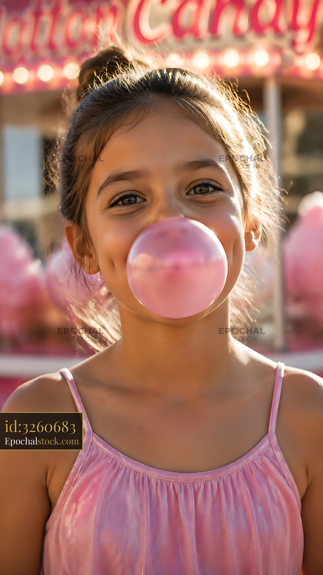 Watermarked full-resolution preview of Girl blowing a bubblegum bubble at a fair