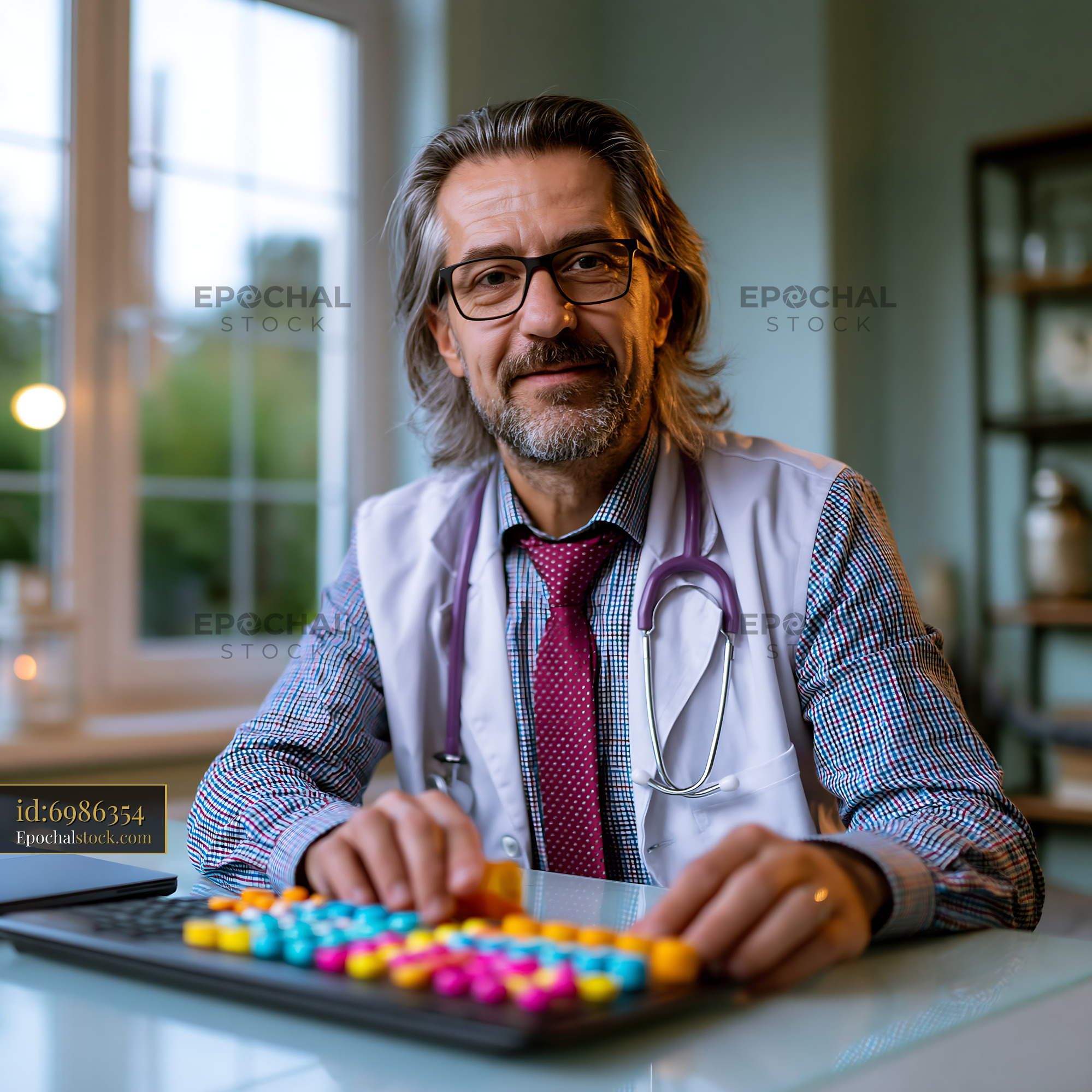 Watermarked full-resolution preview of Doctor sitting at a desk with a colorful calculator and a stethoscope