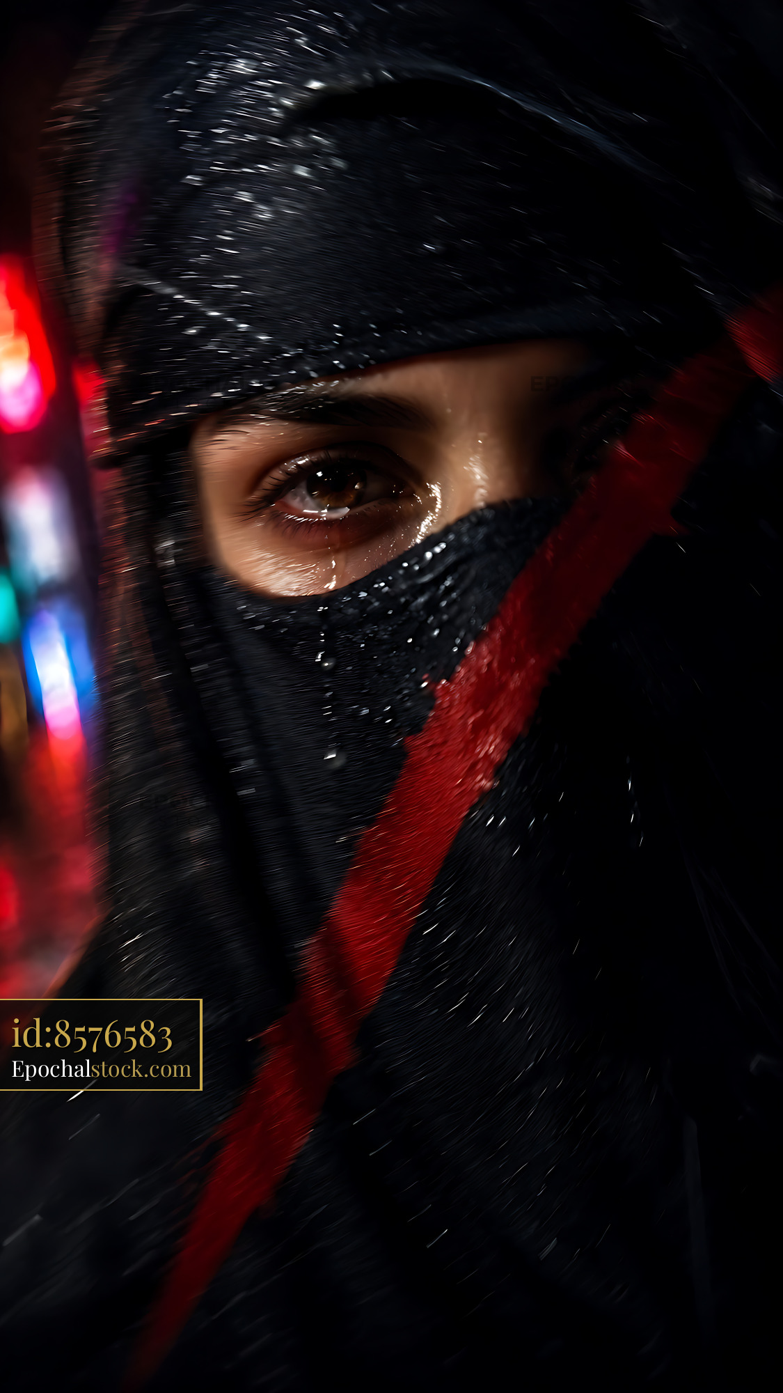 Watermarked full-resolution preview of Masked figure with red stripe in urban night setting