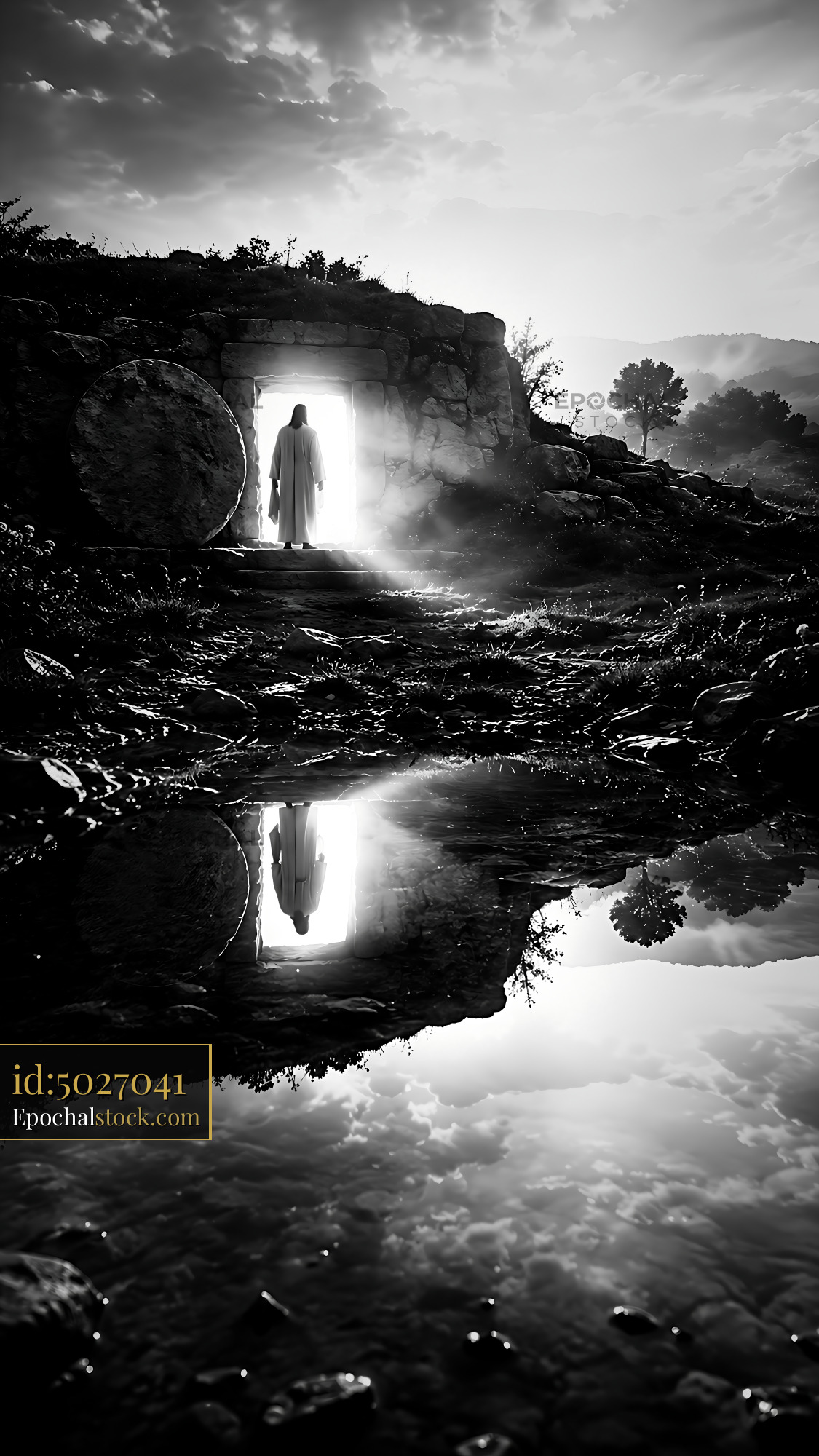 Figure Stands at the Entrance of a Cave With Reflection in Water - stock photo