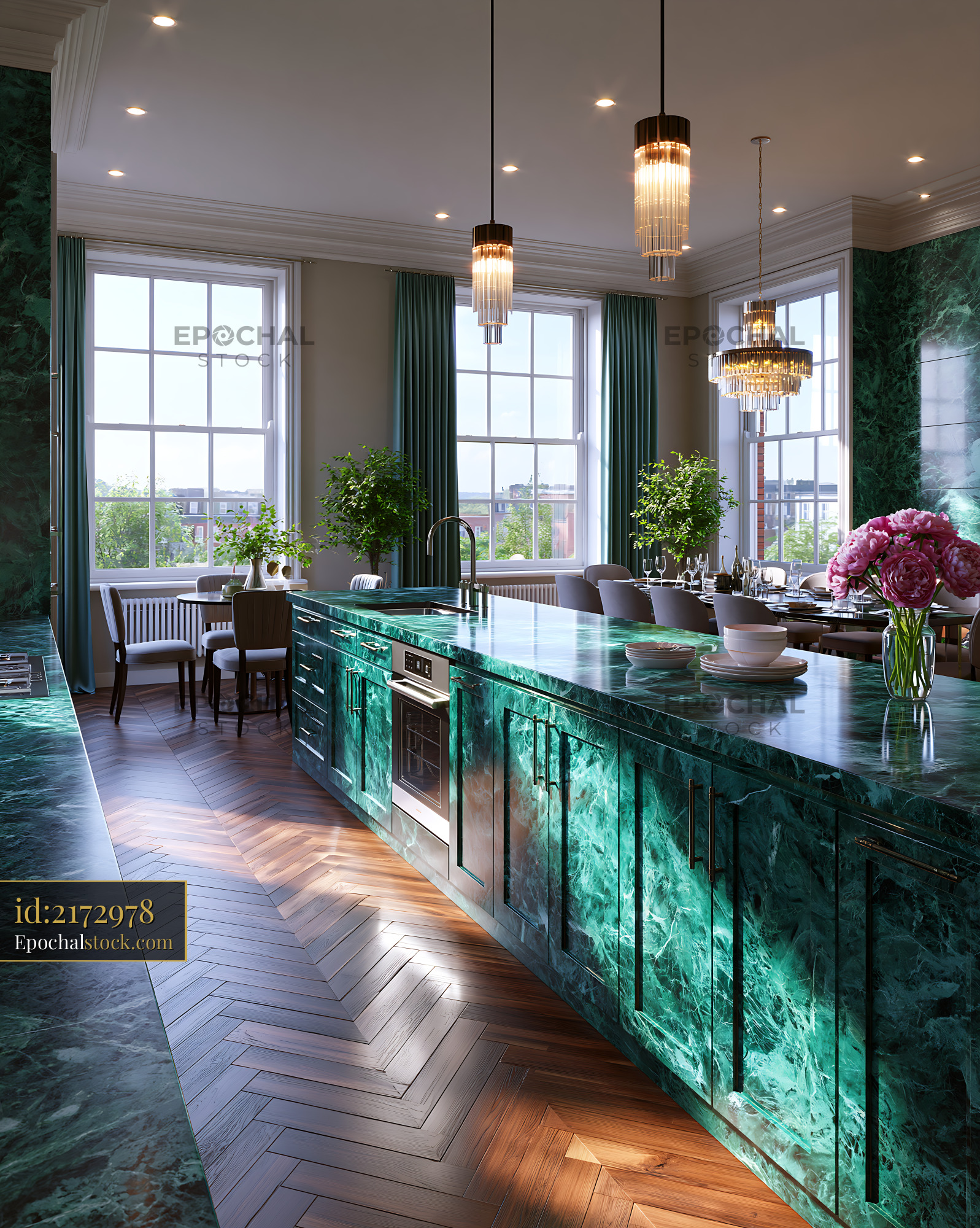 Watermarked full-resolution preview of Modern kitchen design with green marble countertops and wood flooring