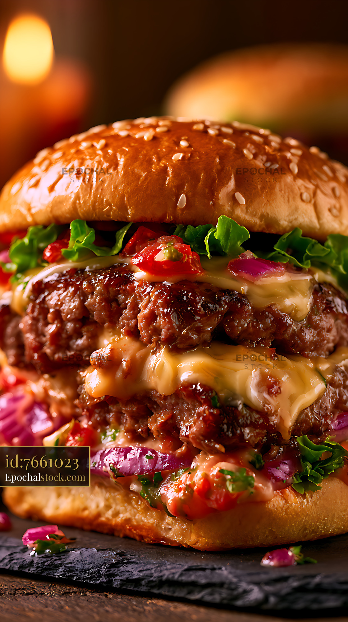 Watermarked full-resolution preview of Close-up gourmet cheeseburger with fresh toppings