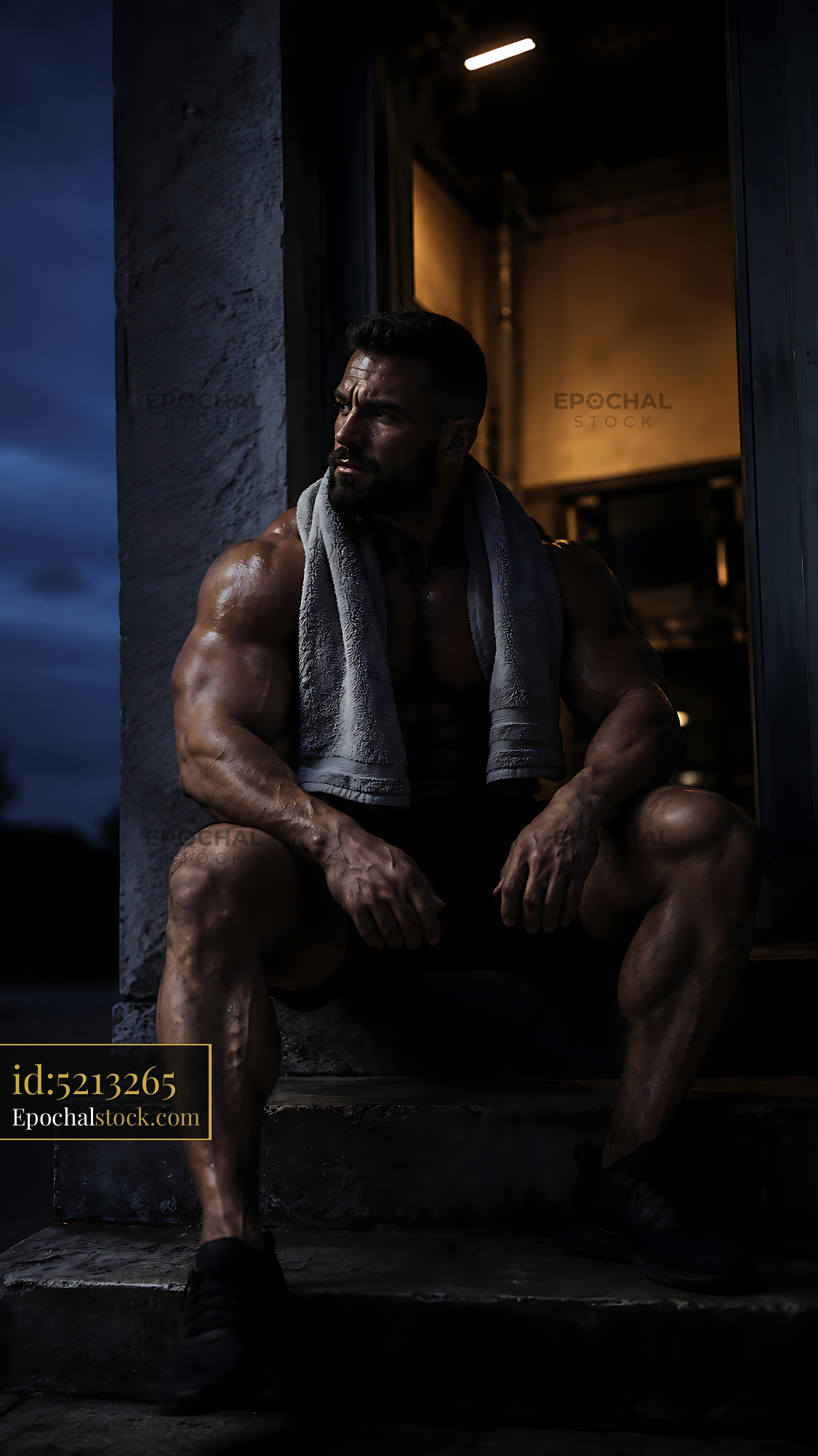 Man Sitting on Steps With Towel After Workout in Evening Light - stock photo