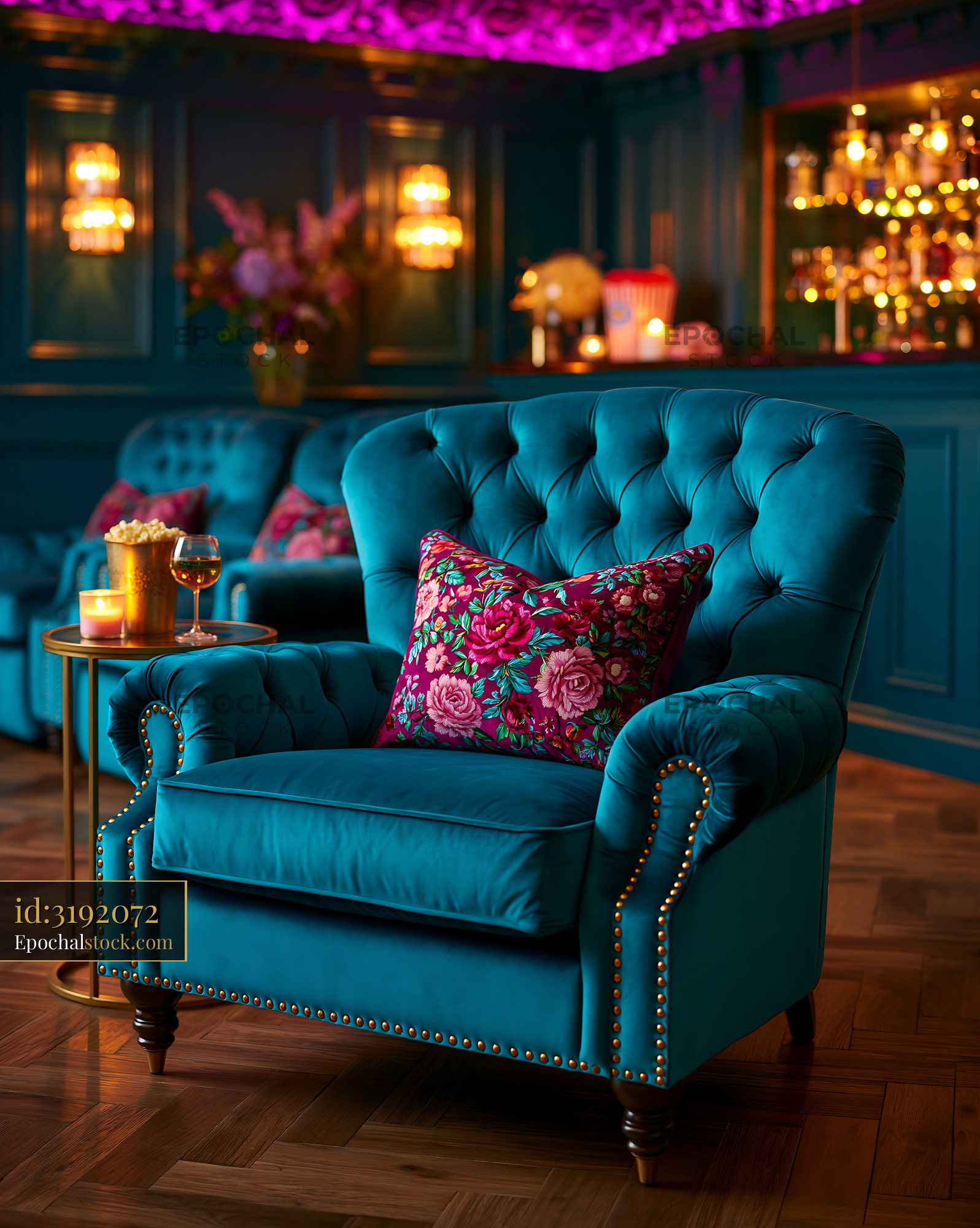 Watermarked full-resolution preview of Bright turquoise chair in a bar with decorative lighting