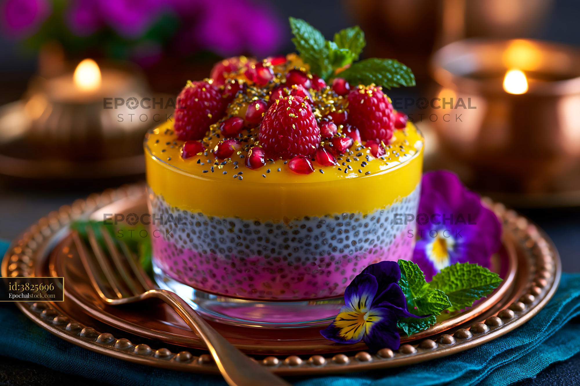 Watermarked full-resolution preview of Colorful dessert served in a glass bowl with berries and mint