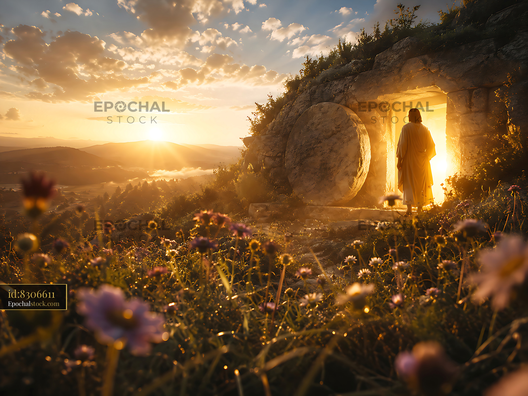 Watermarked full-resolution preview of Sunrise near an open tomb with a figure standing outside