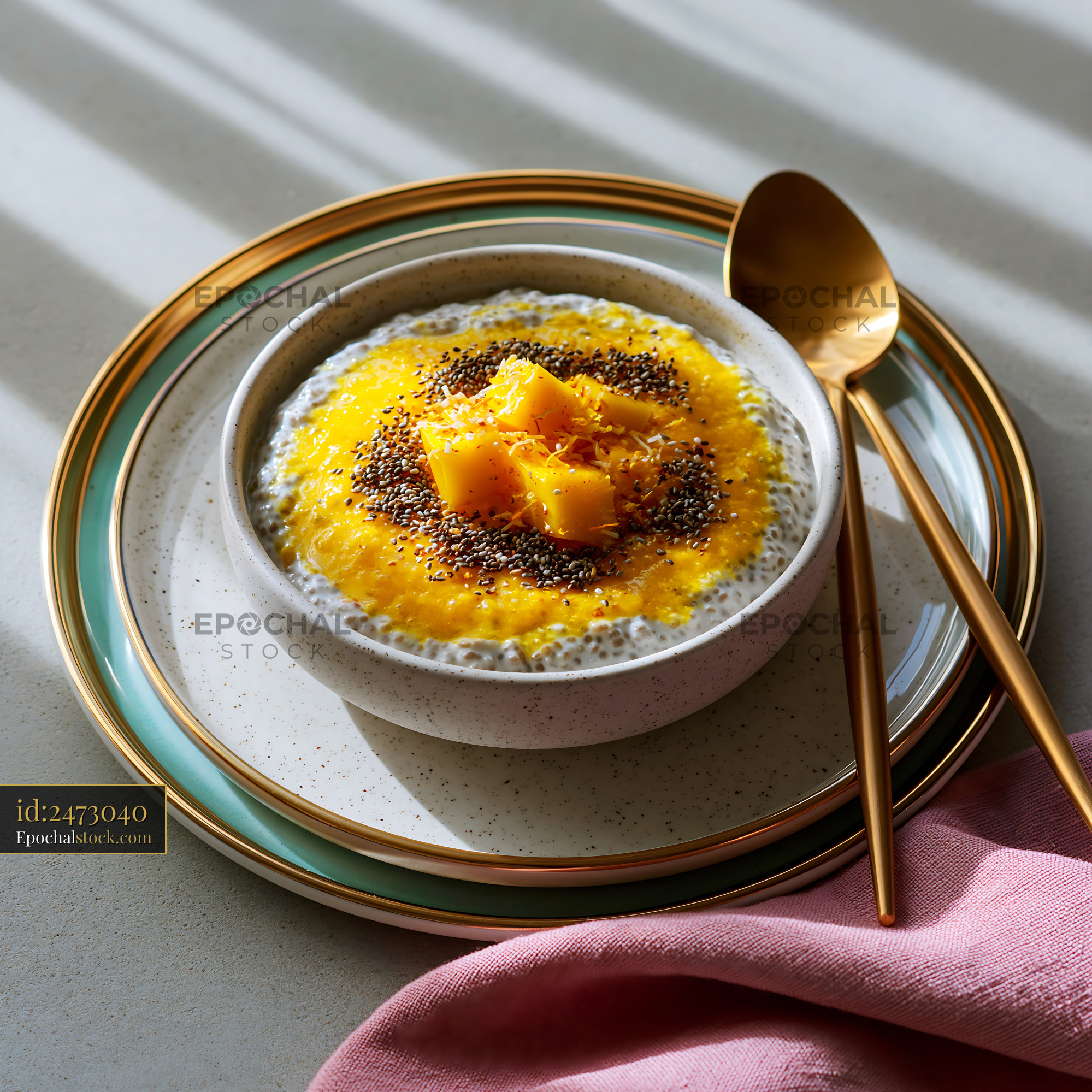 Watermarked full-resolution preview of Chia pudding with mango and poppy seeds on a table