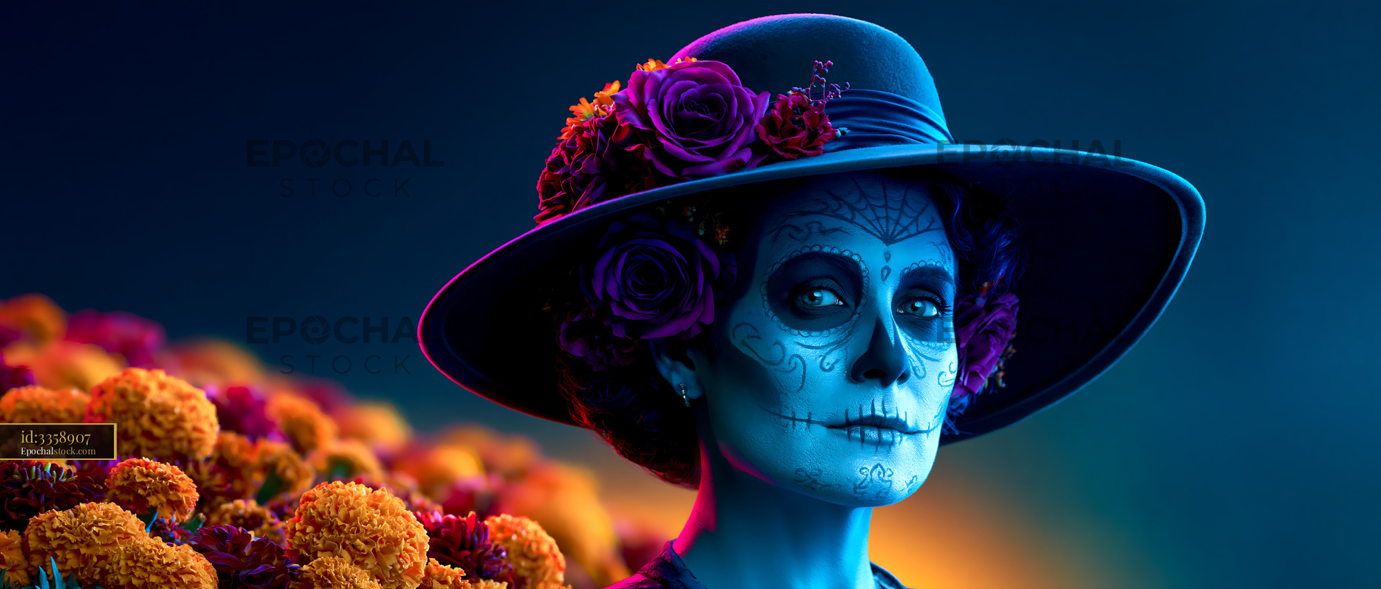 Watermarked full-resolution preview of Woman with sugar skull makeup and flowers in a dramatic backdrop
