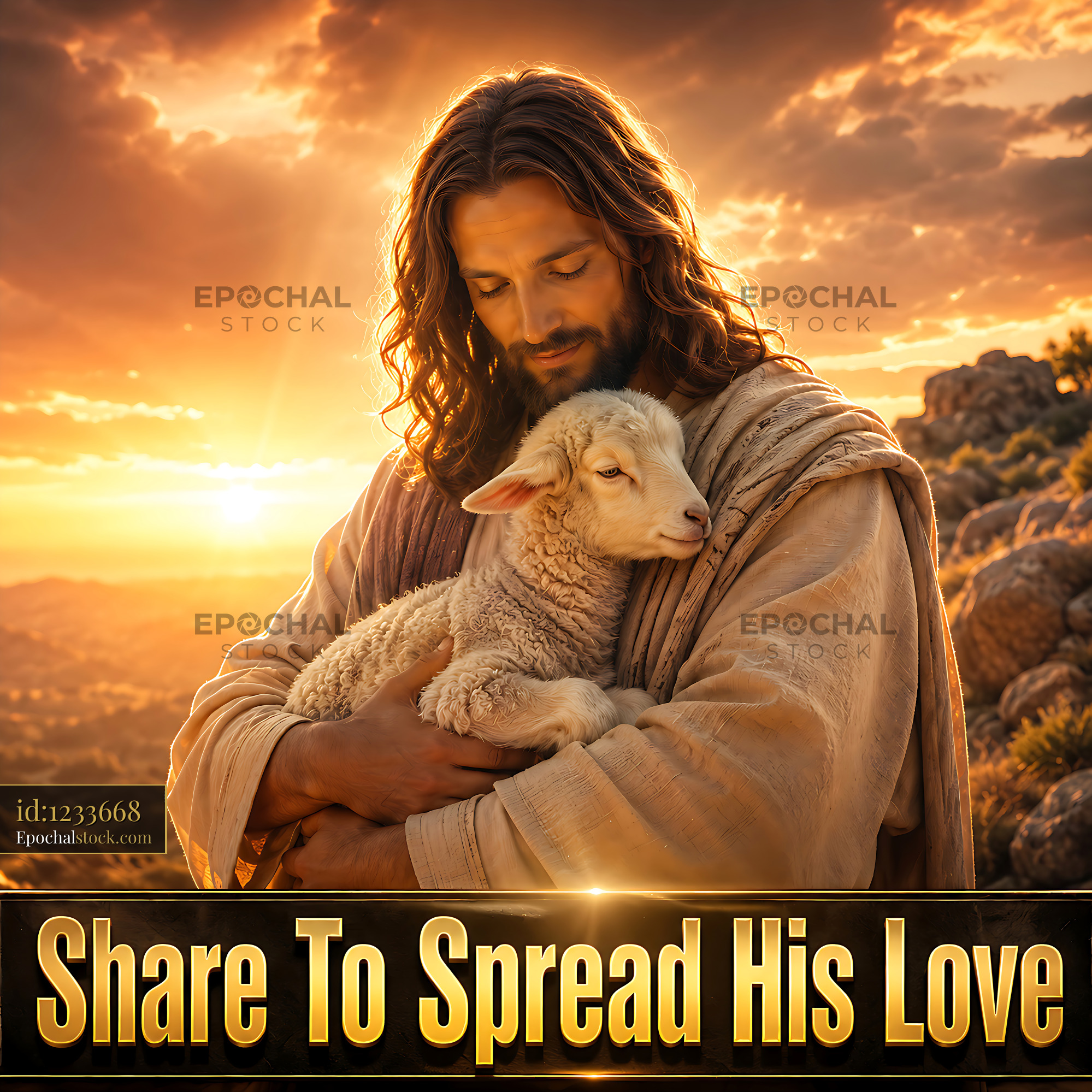 Watermarked full-resolution preview of Jesus holds a lamb during sunset in a peaceful landscape