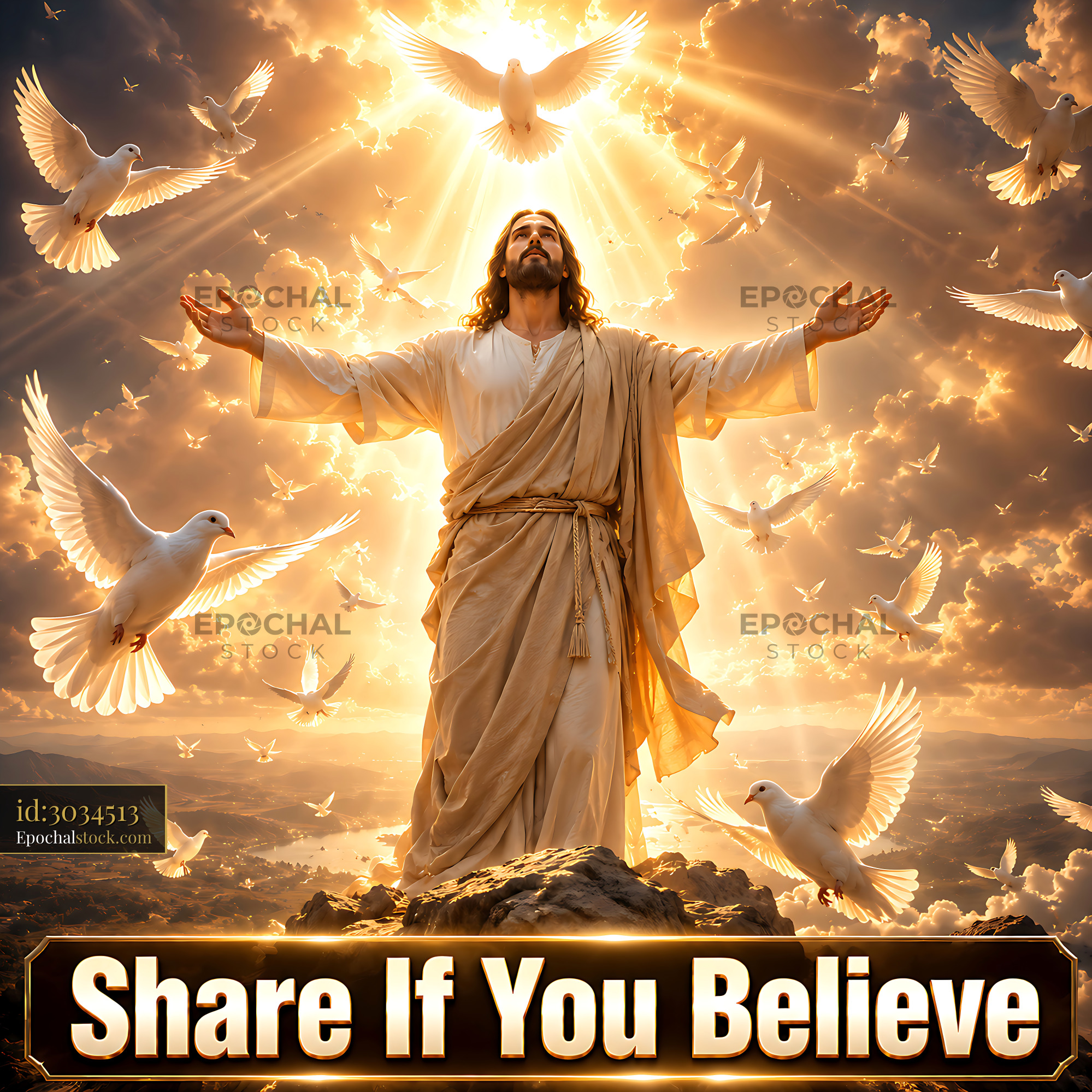 Watermarked full-resolution preview of Jesus with doves in a heavenly scene surrounded by light