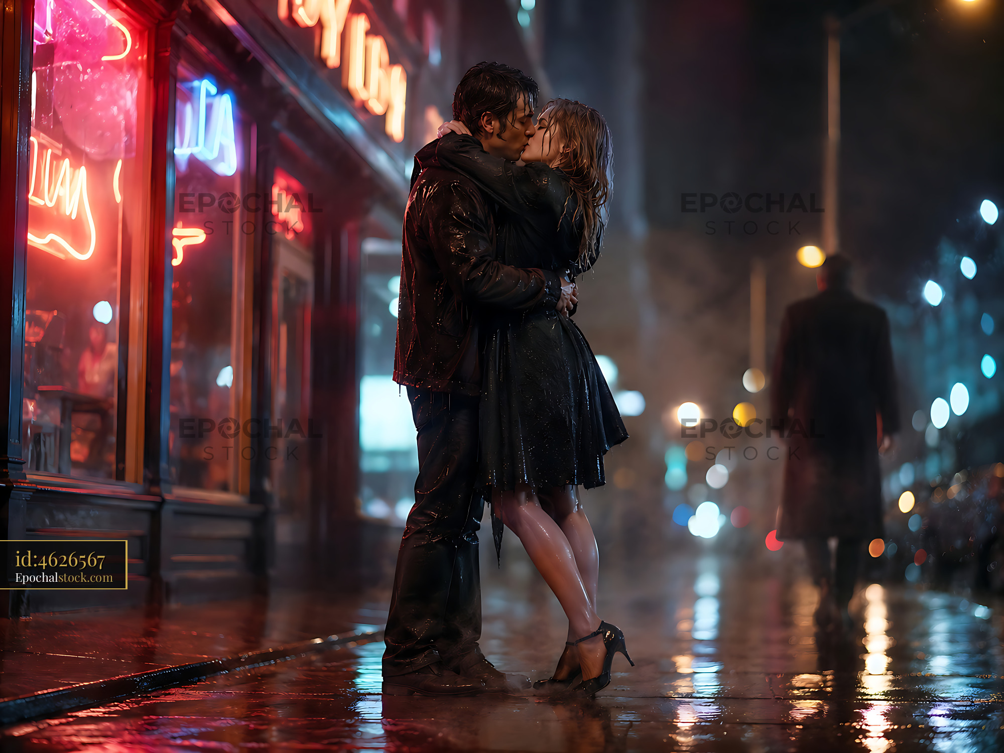 Watermarked full-resolution preview of Couple sharing a kiss on a rainy city street at night