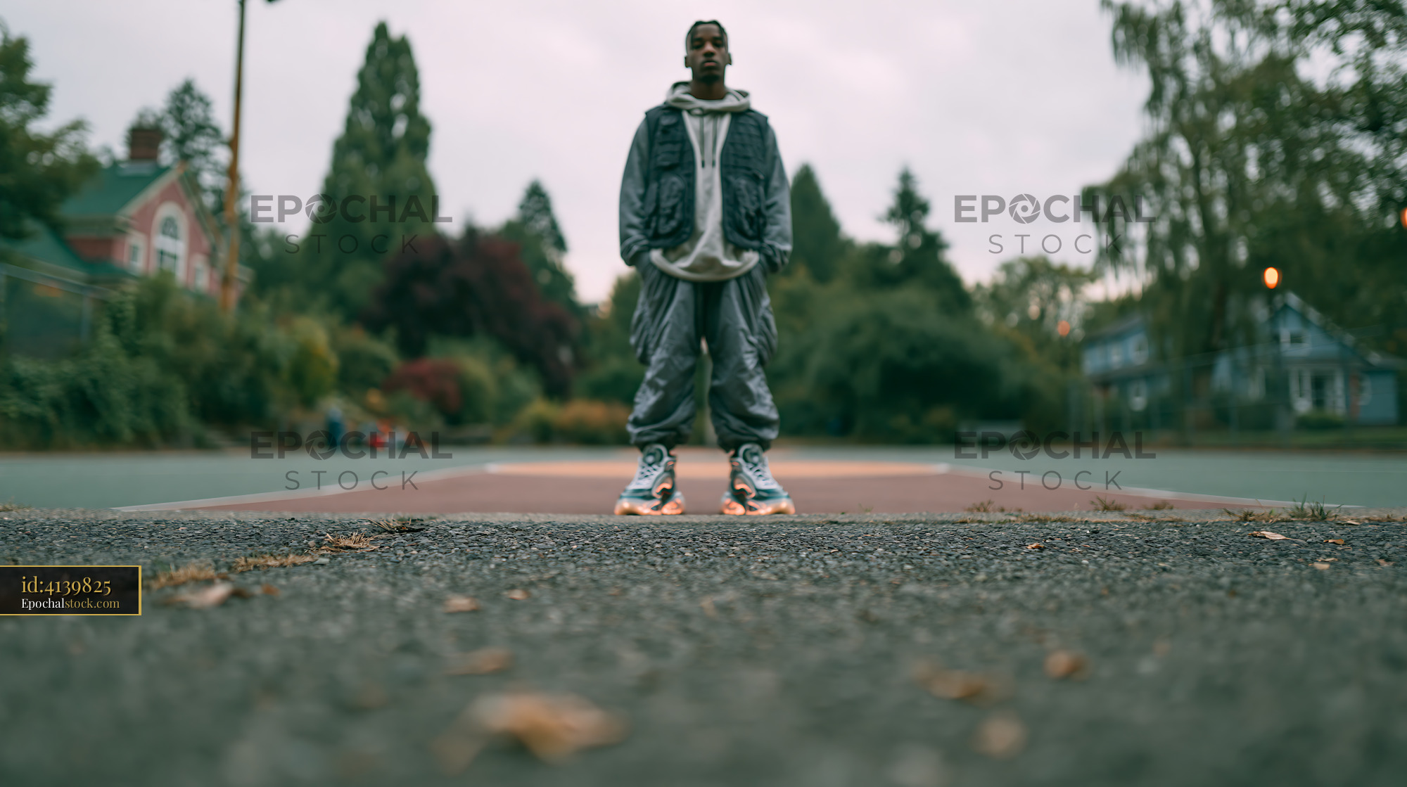 Man in Tactical Vest Stands on Empty Basketball Court - stock photo