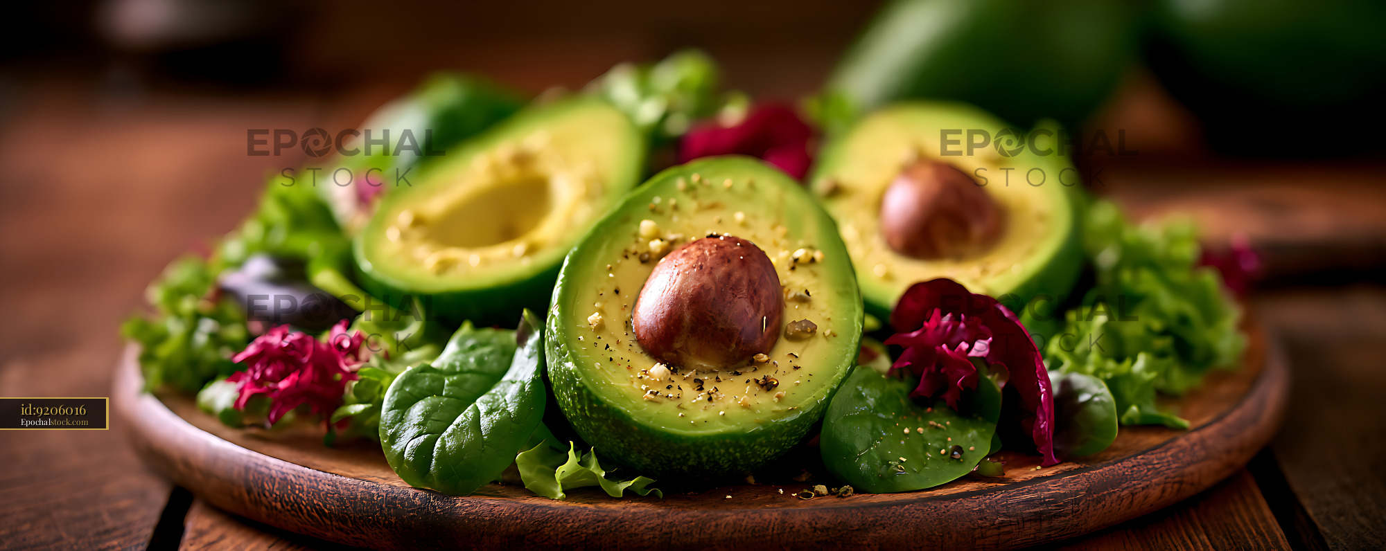 Watermarked full-resolution preview of Fresh avocado salad on a rustic wooden plate